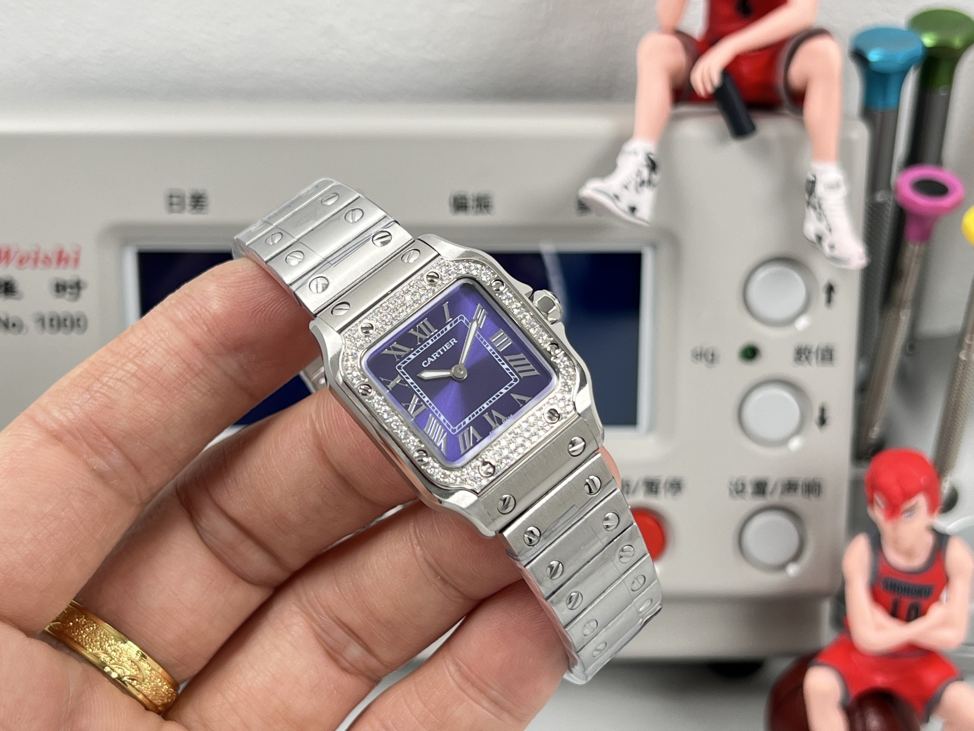 Cartier Santos Demoiselle cassa e bracciale in acciaio inossidabile, lunetta con diamanti, quadrante argentato da 22 mm, quarzo da donna