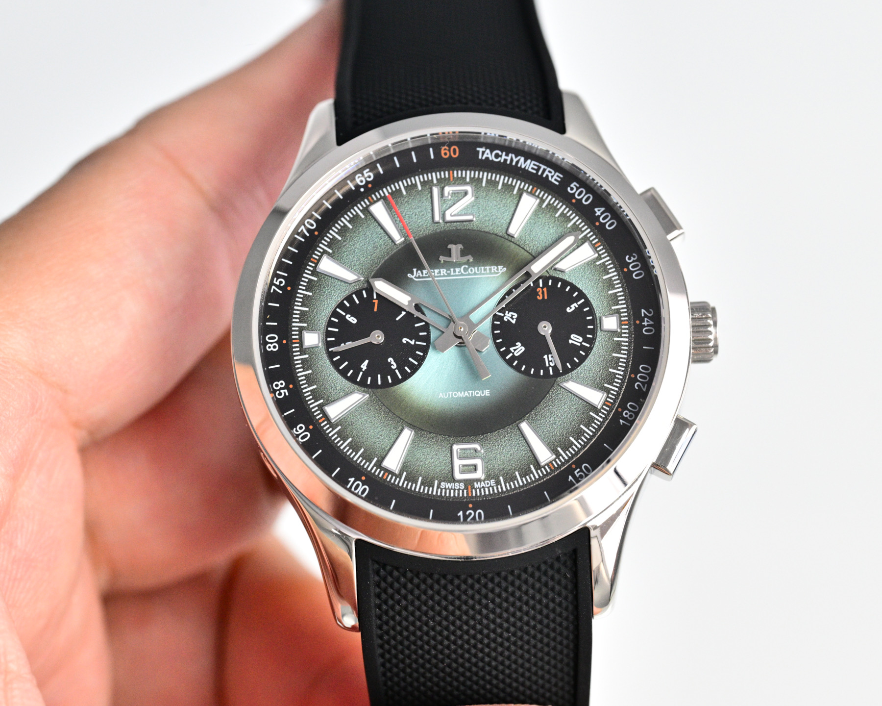 Jaeger-LeCoultre Master Compressor Chronograph caja de acero inoxidable, bisel negro, esfera plateada, correa de caucho negra 41,5 mm Automático para hombre