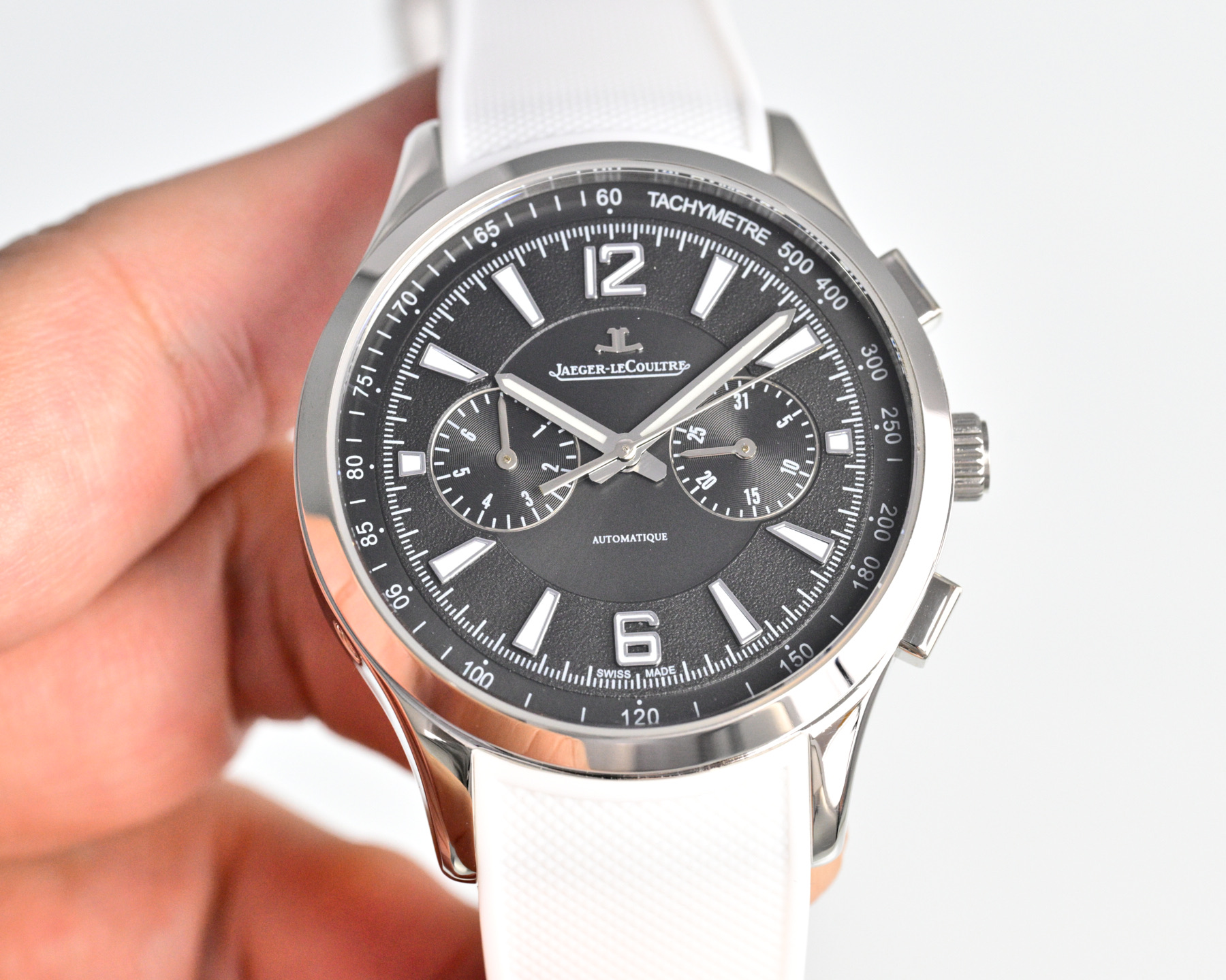Jaeger-LeCoultre Master Compressor Chronograph caja de acero inoxidable, bisel negro, esfera plateada, correa de caucho negra 41,5 mm Automático para hombre