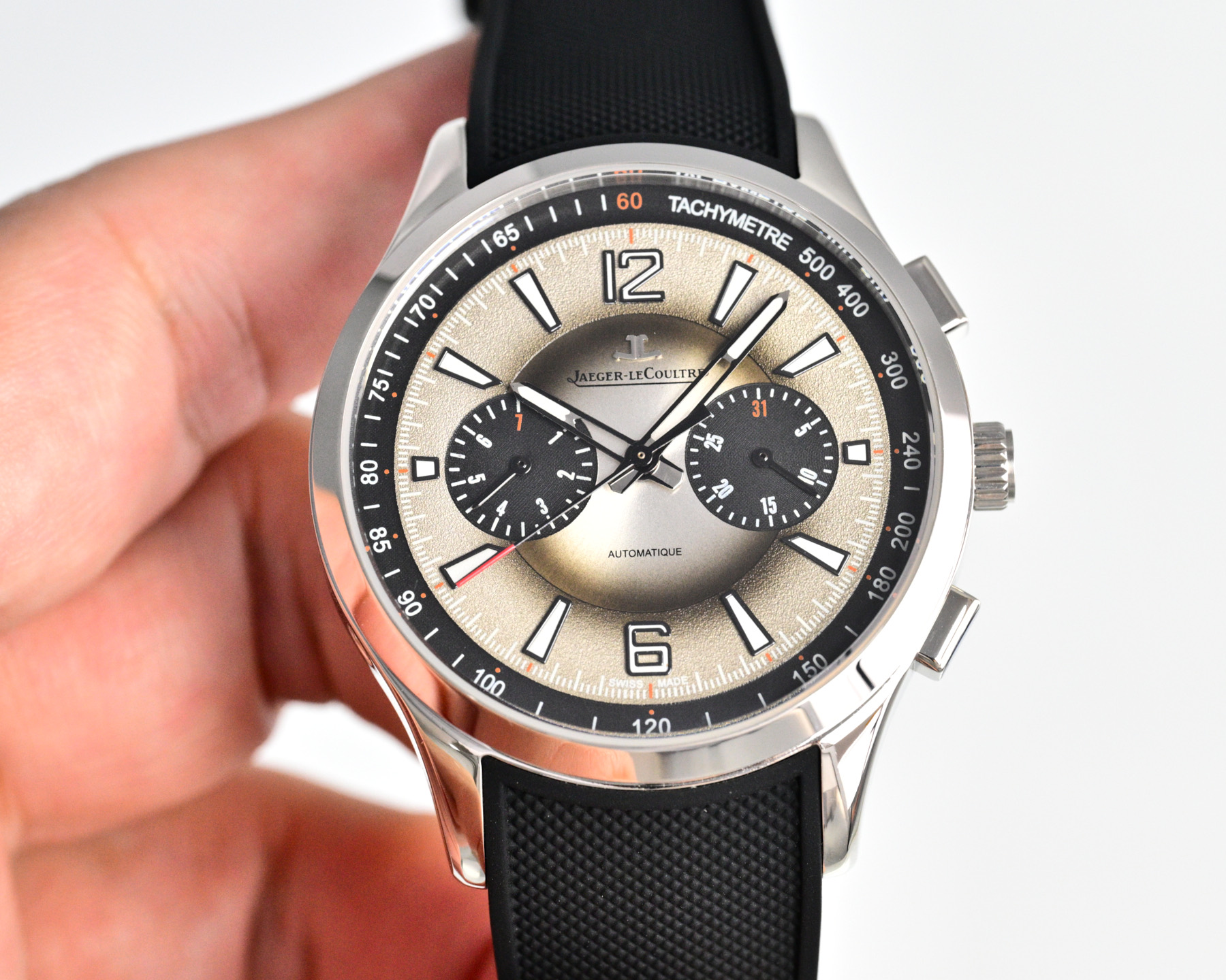 Jaeger-LeCoultre Master Compressor Chronograph caja de acero inoxidable, bisel negro, esfera plateada, correa de caucho negra 41,5 mm Automático para hombre