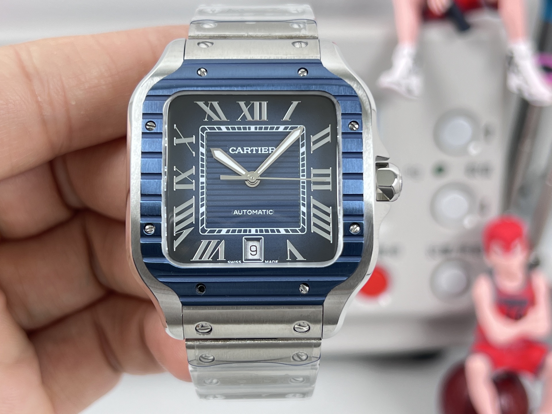 Cartier Santos de Cartier stainless steel case, blue bezel, white dial, steel bracelet 39.8mm Men's Automatic