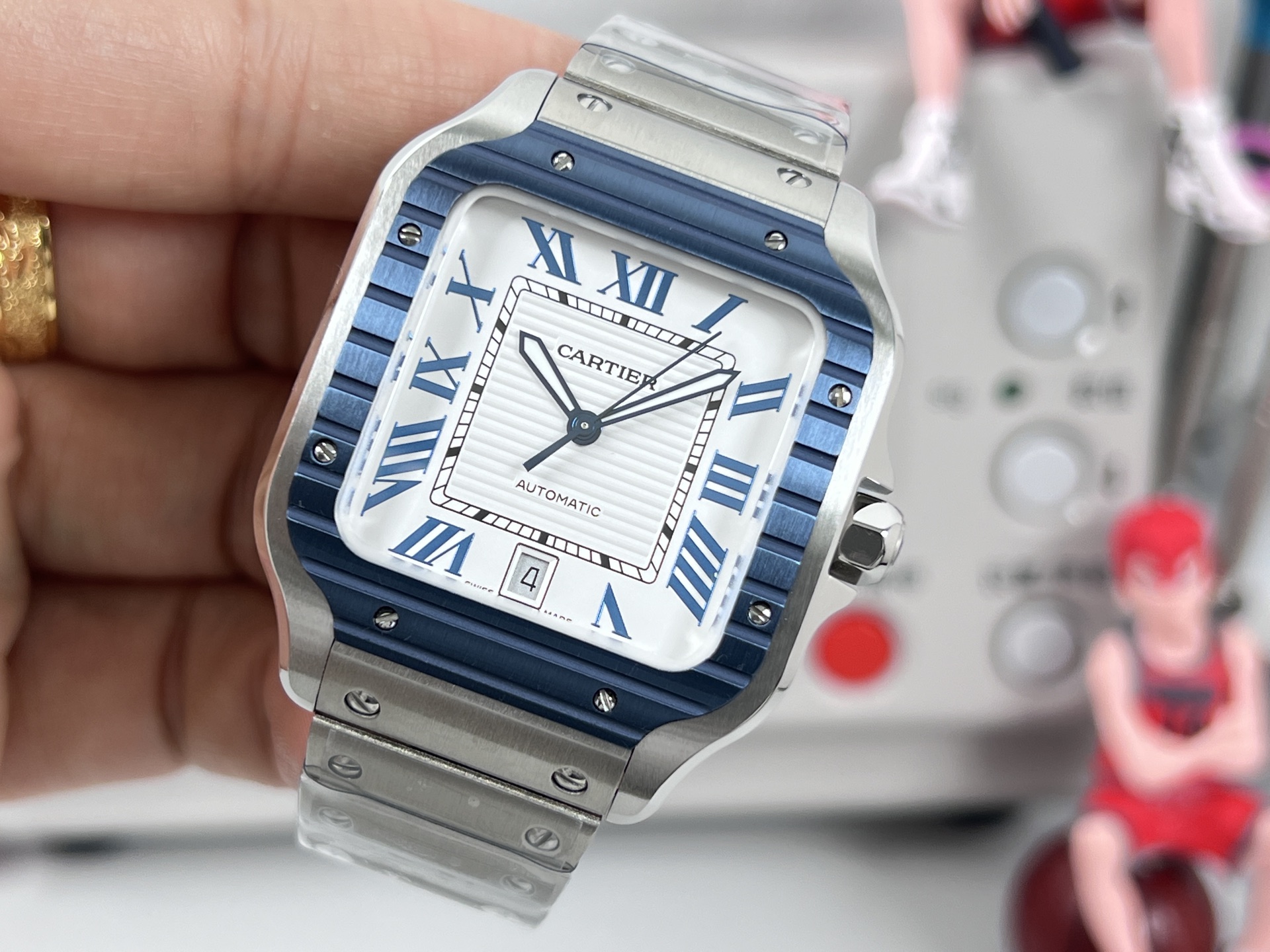 Cartier Santos de Cartier stainless steel case, blue bezel, white dial, steel bracelet 39.8mm Men's Automatic