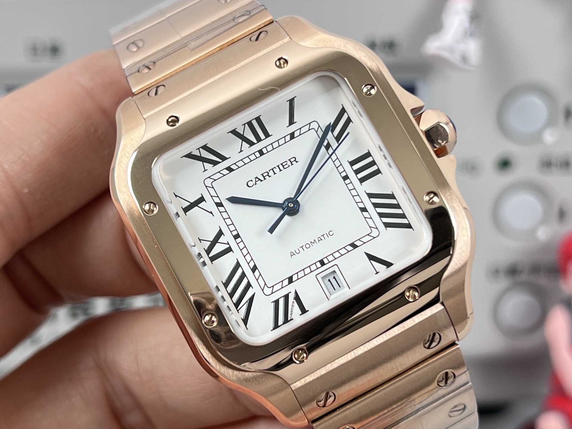 Cartier Santos de Cartier cassa in oro rosa, lunetta in oro rosa, quadrante bianco, bracciale in oro rosa 35 mm Automatico da uomo