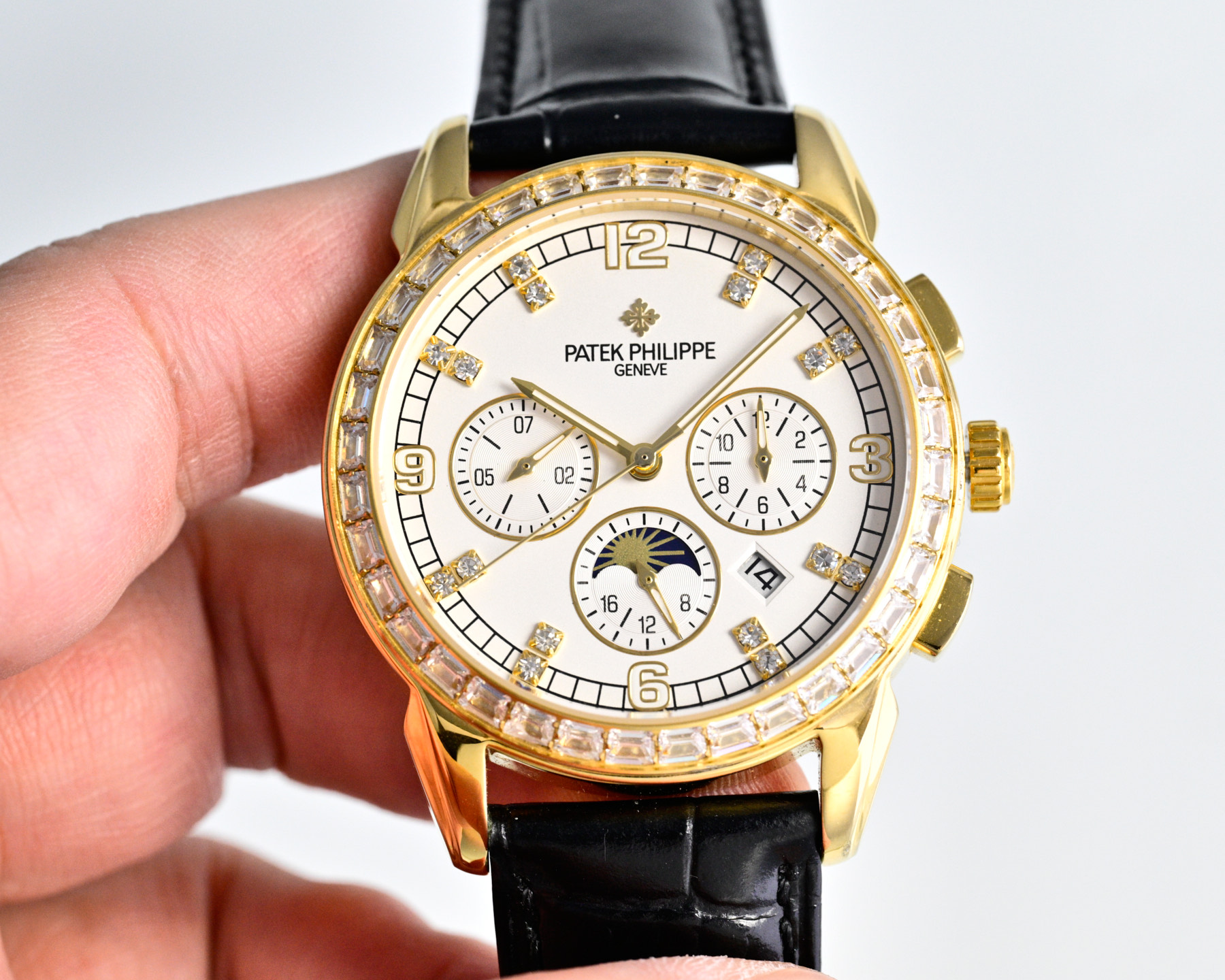 Patek Philippe 5070P-082 rose gold case, diamond bezel, white dial, brown leather strap 42mm Men's Manual Wind