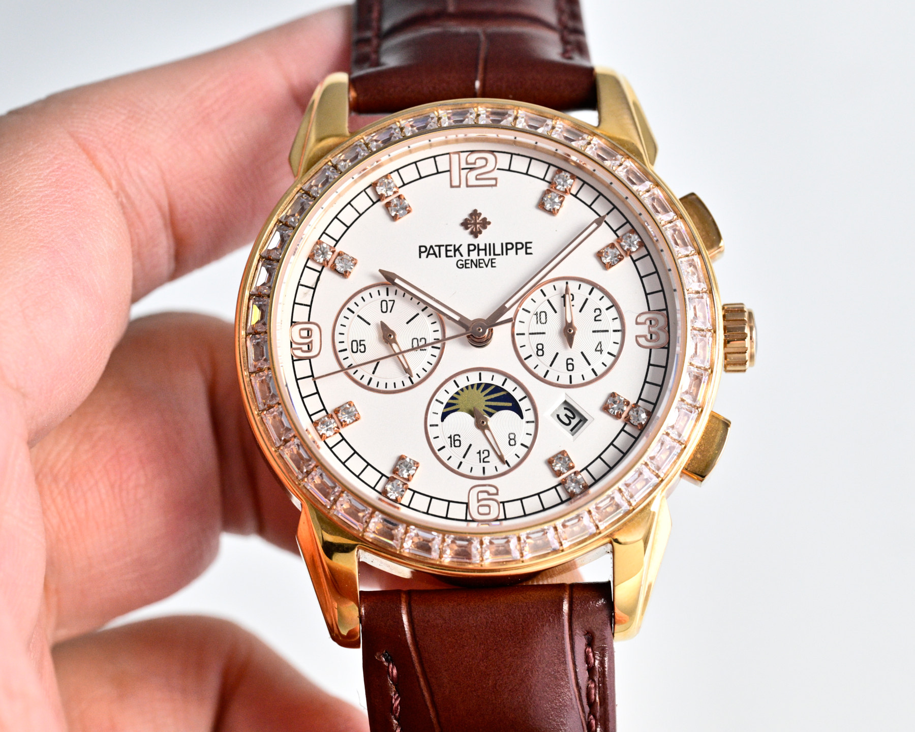 Patek Philippe 5070P-082 rose gold case, diamond bezel, white dial, brown leather strap 42mm Men's Manual Wind