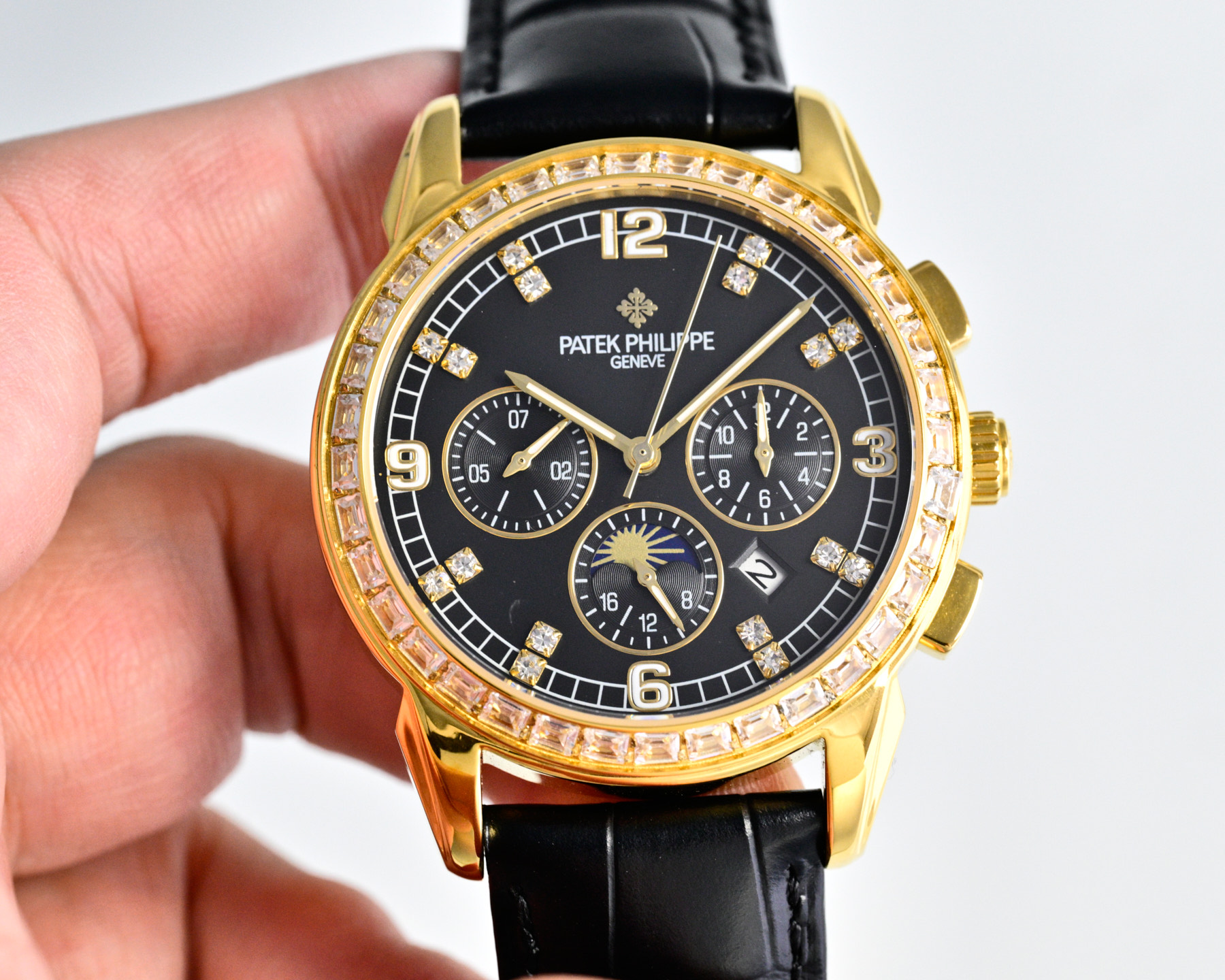 Patek Philippe 5070P-082 rose gold case, diamond bezel, white dial, brown leather strap 42mm Men's Manual Wind