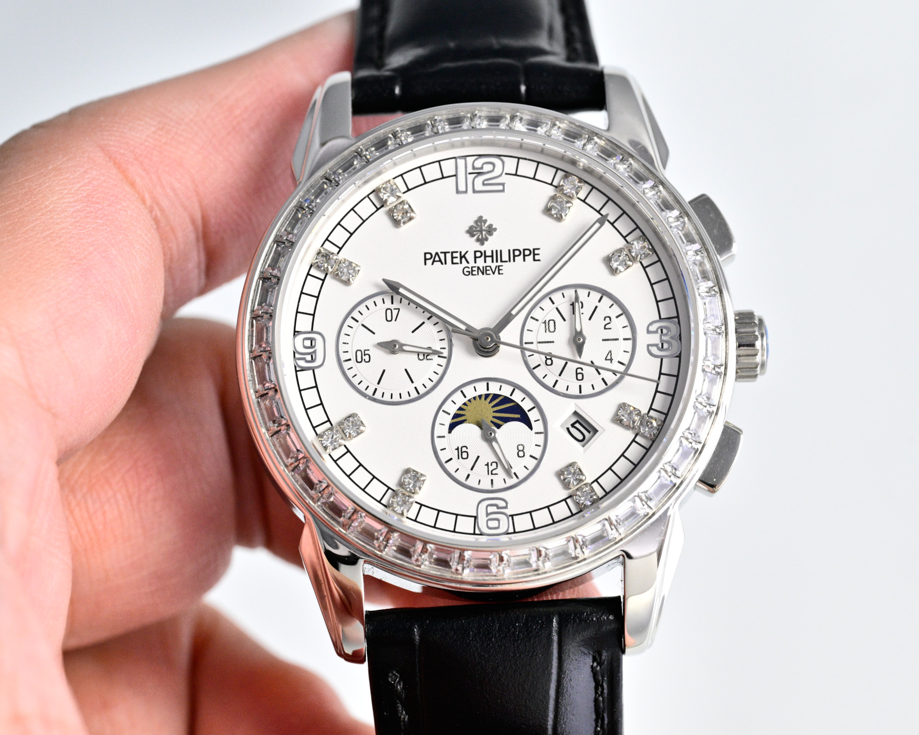 Patek Philippe 5070P-082 rose gold case, diamond bezel, white dial, brown leather strap 42mm Men's Manual Wind
