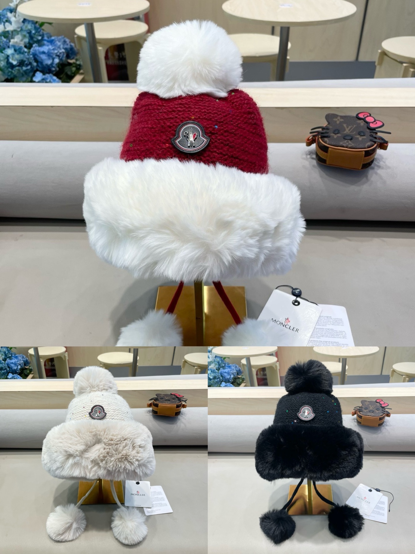 moncler甜美护耳毛线帽子女秋冬加绒保暖套头帽日韩版百搭防寒针织帽亮片