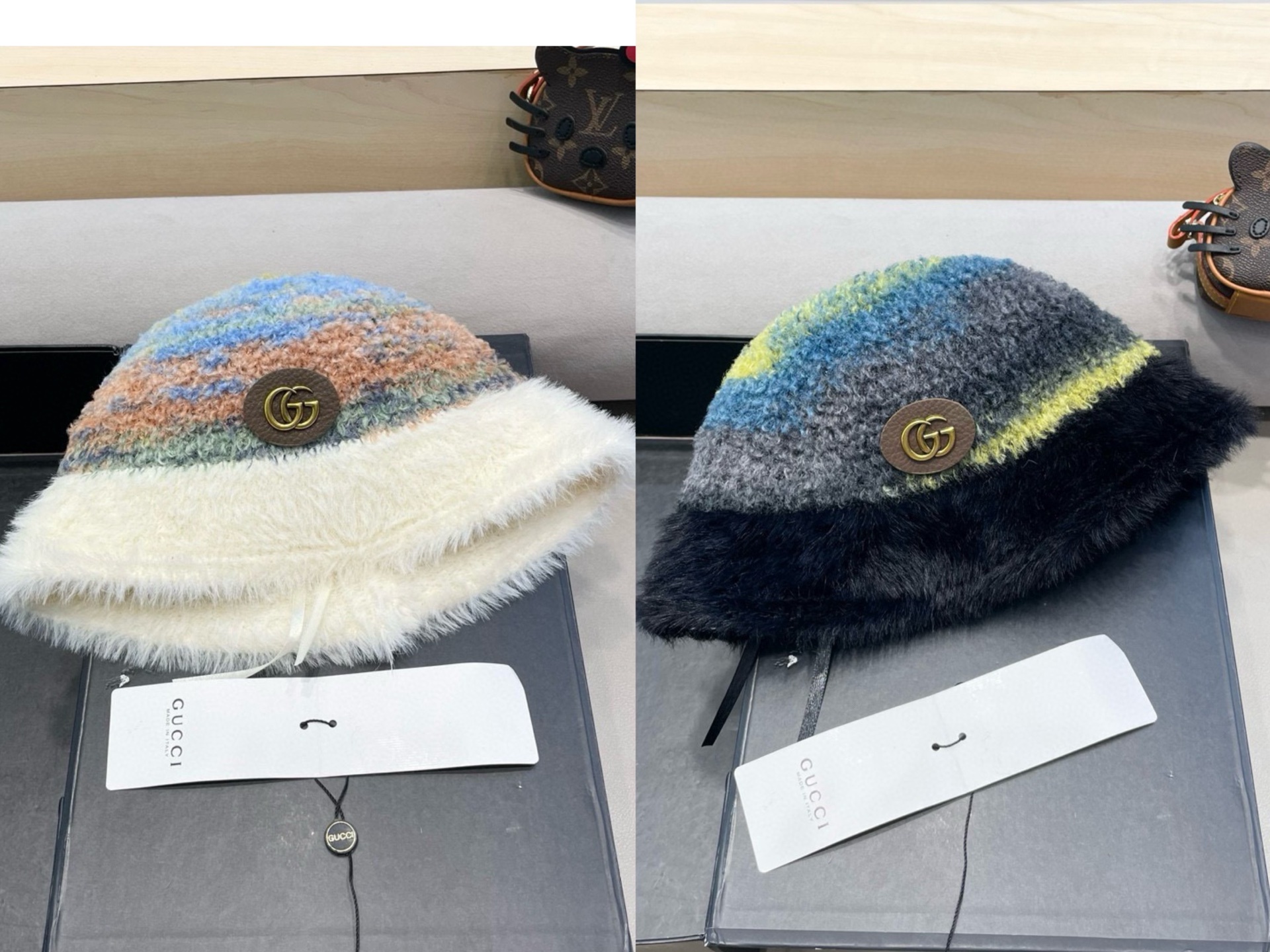 GUCCI古奇彩色渔夫帽秋冬新款女显脸小保暖针织毛线盆帽休闲毛绒水桶帽