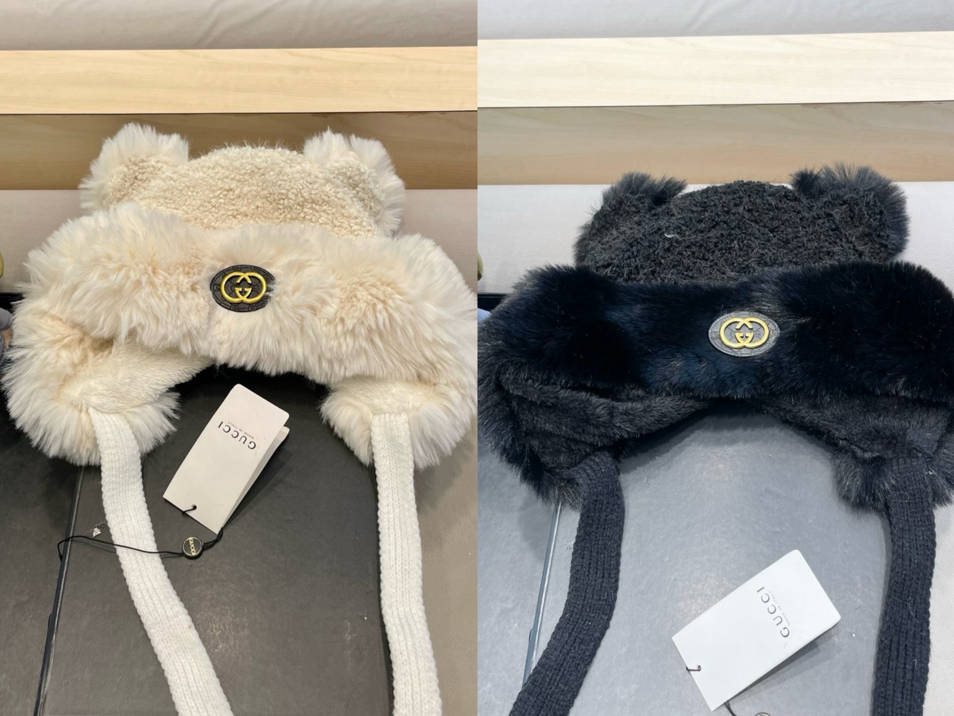 Gucci奥莱正品毛绒帽小熊耳朵显脸小保暖针织护耳雷锋帽潮