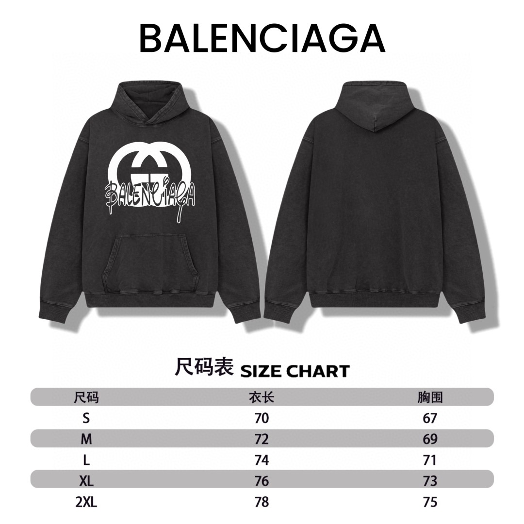 P145高端品质
Balenciaga 巴黎世家
2024SS秋冬装 洗水雪花系列
联名款 连帽卫衣 采用进口康丽数码直喷印花 定染高品质潮牌400G大毛圈面料 成衣件染➕洗水炒雪花 OS宽松落肩版型 男女同款
size：S.M.L.XL.2XL