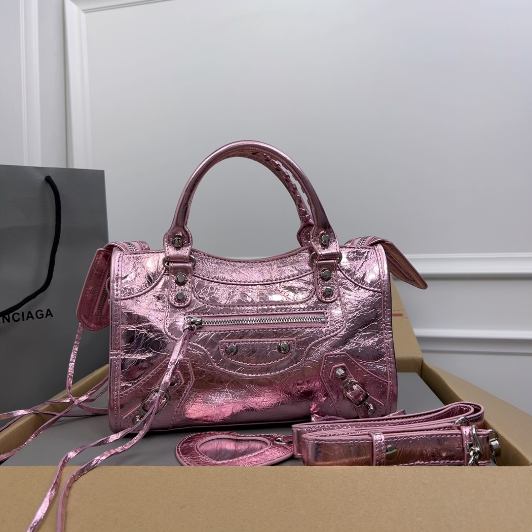 Balenciaga Metallic Pink Moto Top Handle Bag