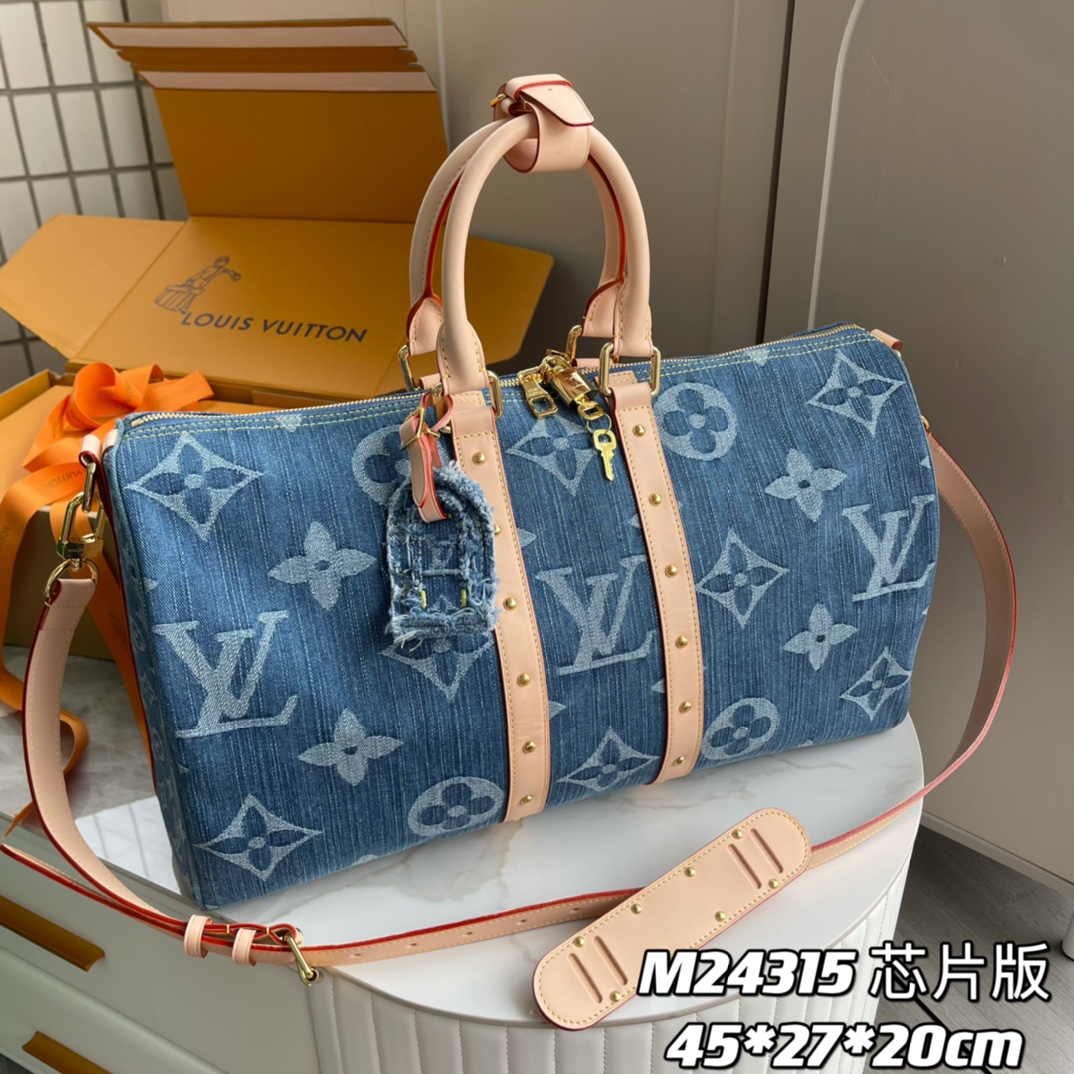 Louis Vuitton LV Keepall Tassen Reis Tas Denim blauw Canvas Koeienhuid Fashion M24315