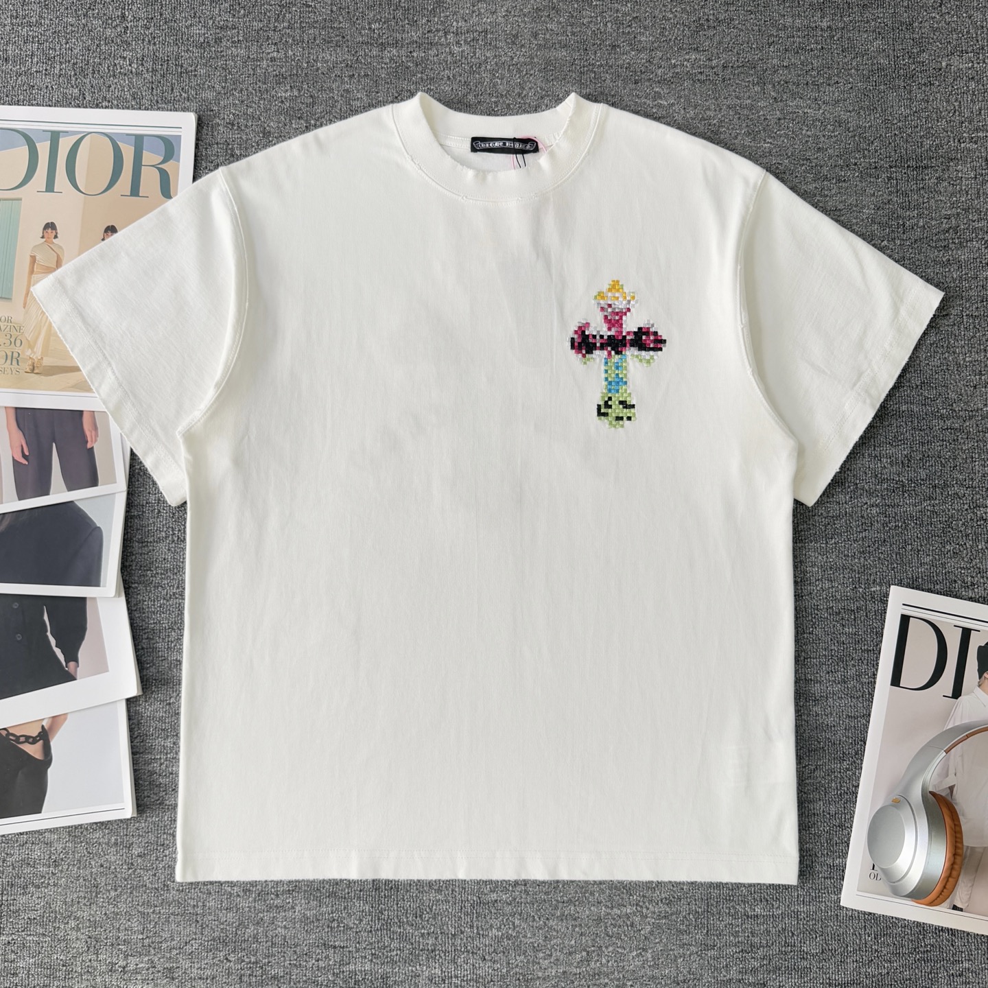 Chrome Hearts CH克罗心Chromehearts 26ss新款像素风马赛克重工刺绣磨破短袖圆领T恤