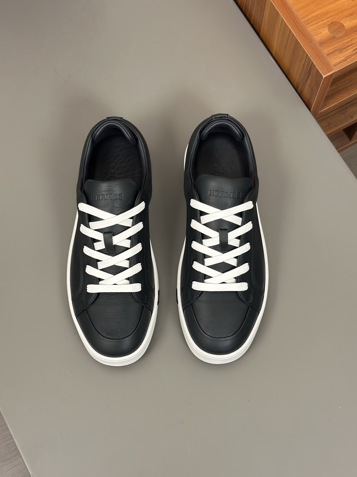 Hermes Men's Black Leather Casual Sneakers with White Laces and Sole 14 Hermes Men's Black Leather Casual Sneakers with White Laces and Sole