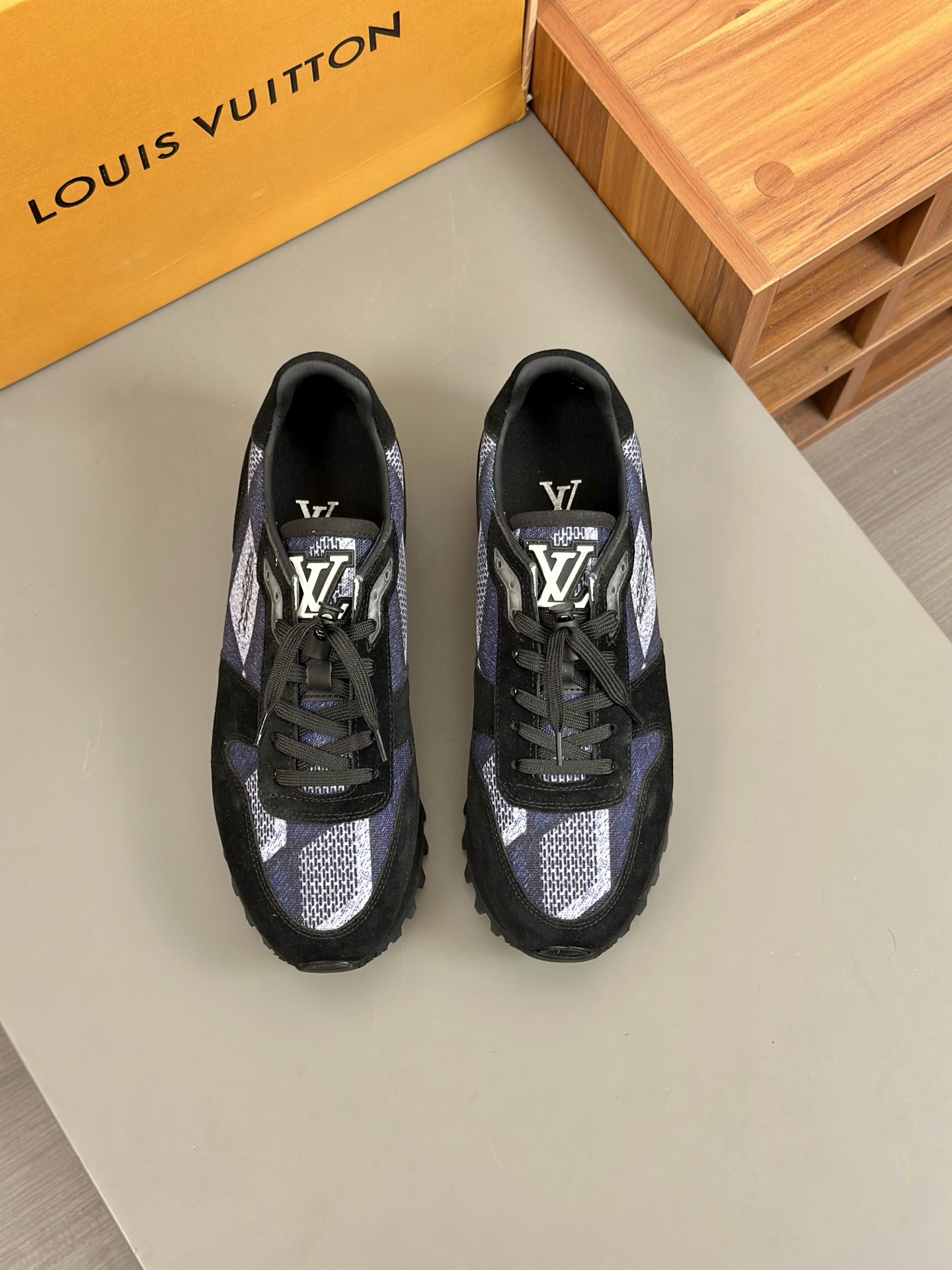 Louis Vuitton Men's Run Away Sneakers in Black Leather and Jacquard Fabric 1 Louis Vuitton Men's Run Away Sneakers in Black Leather and Jacquard Fabric