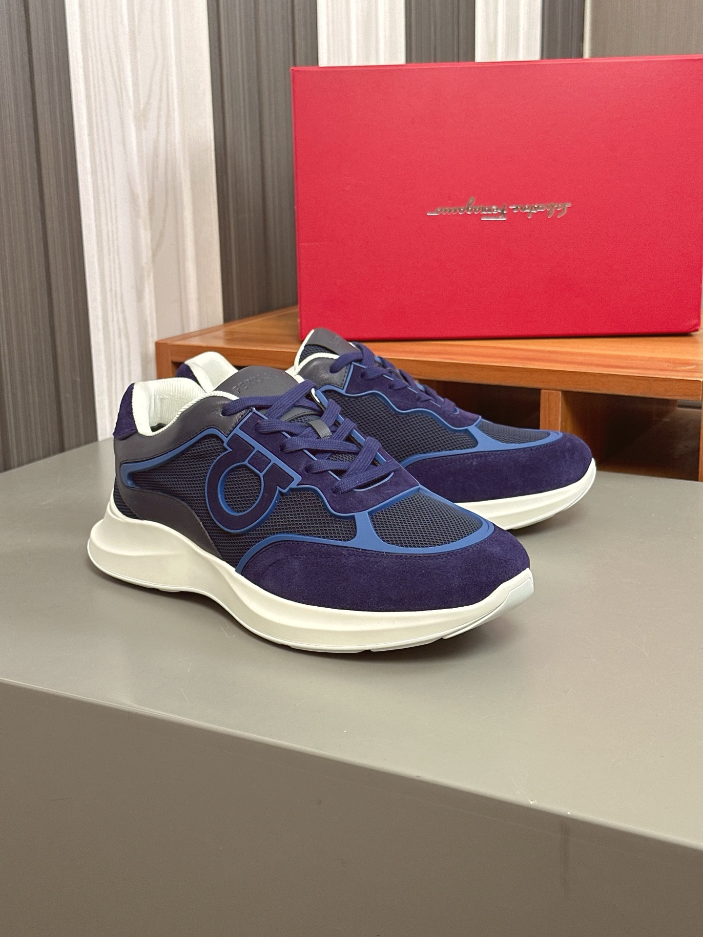 Salvatore Ferragamo Men's Leather and Mesh Low-Top Sneakers - Blue 8 i1743323580362 9253 0 6
