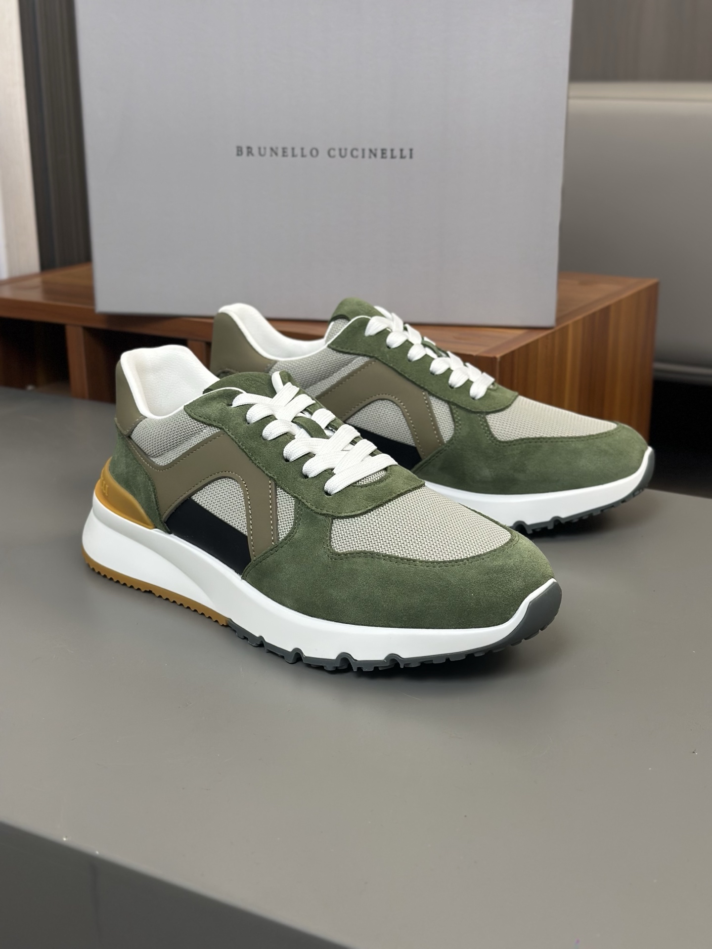Brunello Cucinelli Suede and Leather Sneakers for Men, Olive Green 6 i1743404855401 4302 0 4