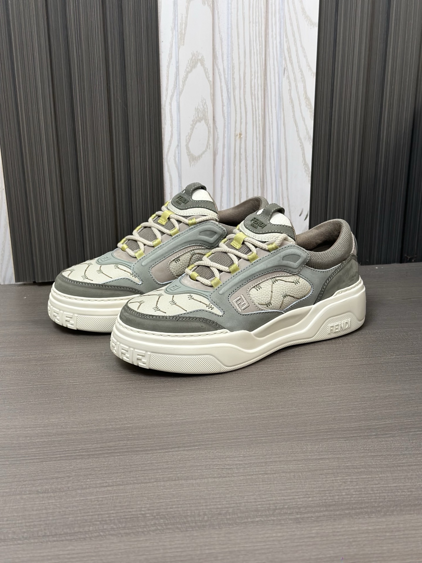 Fendi Men's Nappa & Leather Sneakers with Embossed Logo, Gray/White 7 i1743407918724 4788 0 5