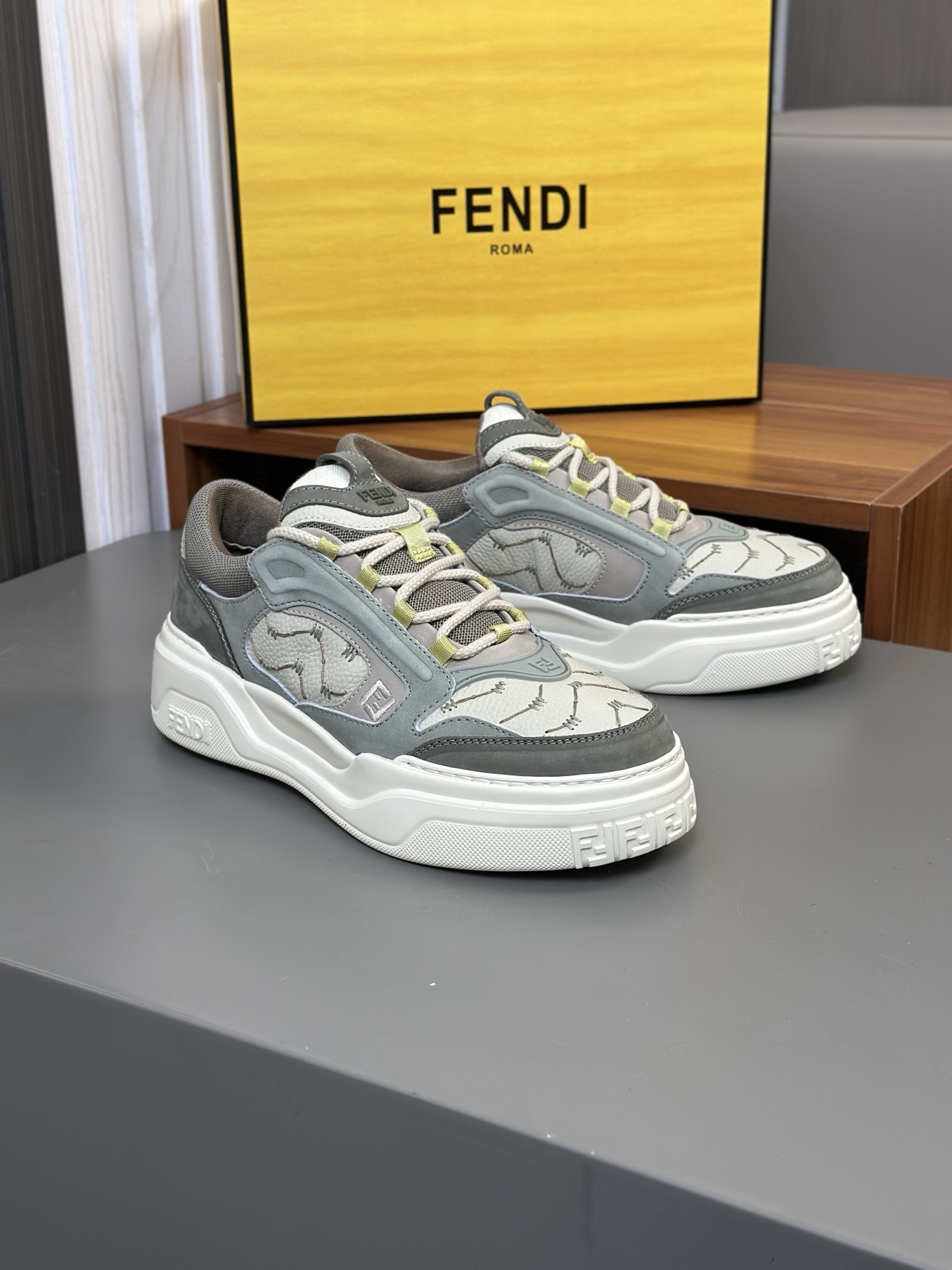 Fendi Men's Nappa & Leather Sneakers with Embossed Logo, Gray/White 5 i1743407920304 6958 0 3