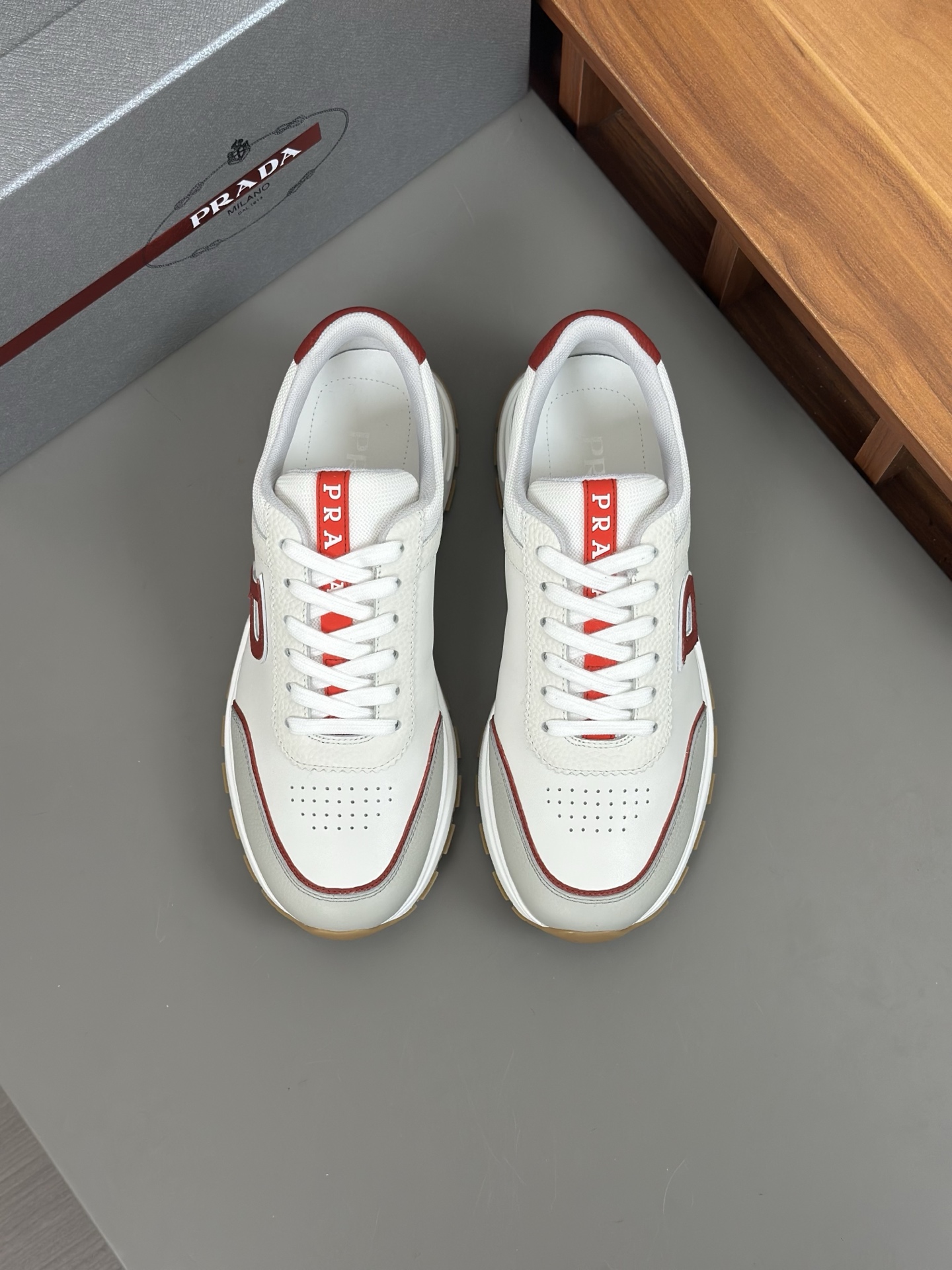 Prada Men's Leather Sneakers White with Red Accents Size 39-44 Italian Design 2 i1744054514806 4158 0 0