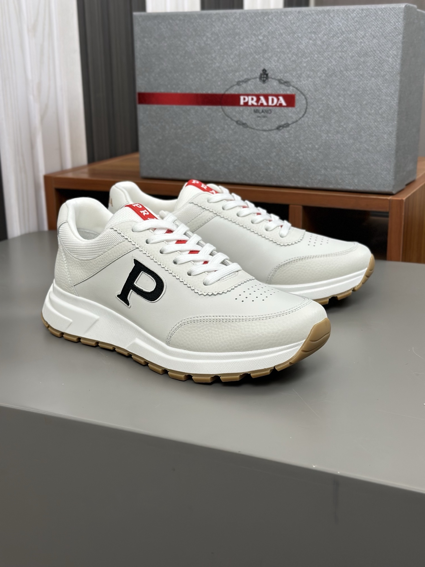 Prada Men's Leather Lace-Up Sneakers White, Ultra-Comfortable & Stylish 3 i1744054528641 5399 0 1