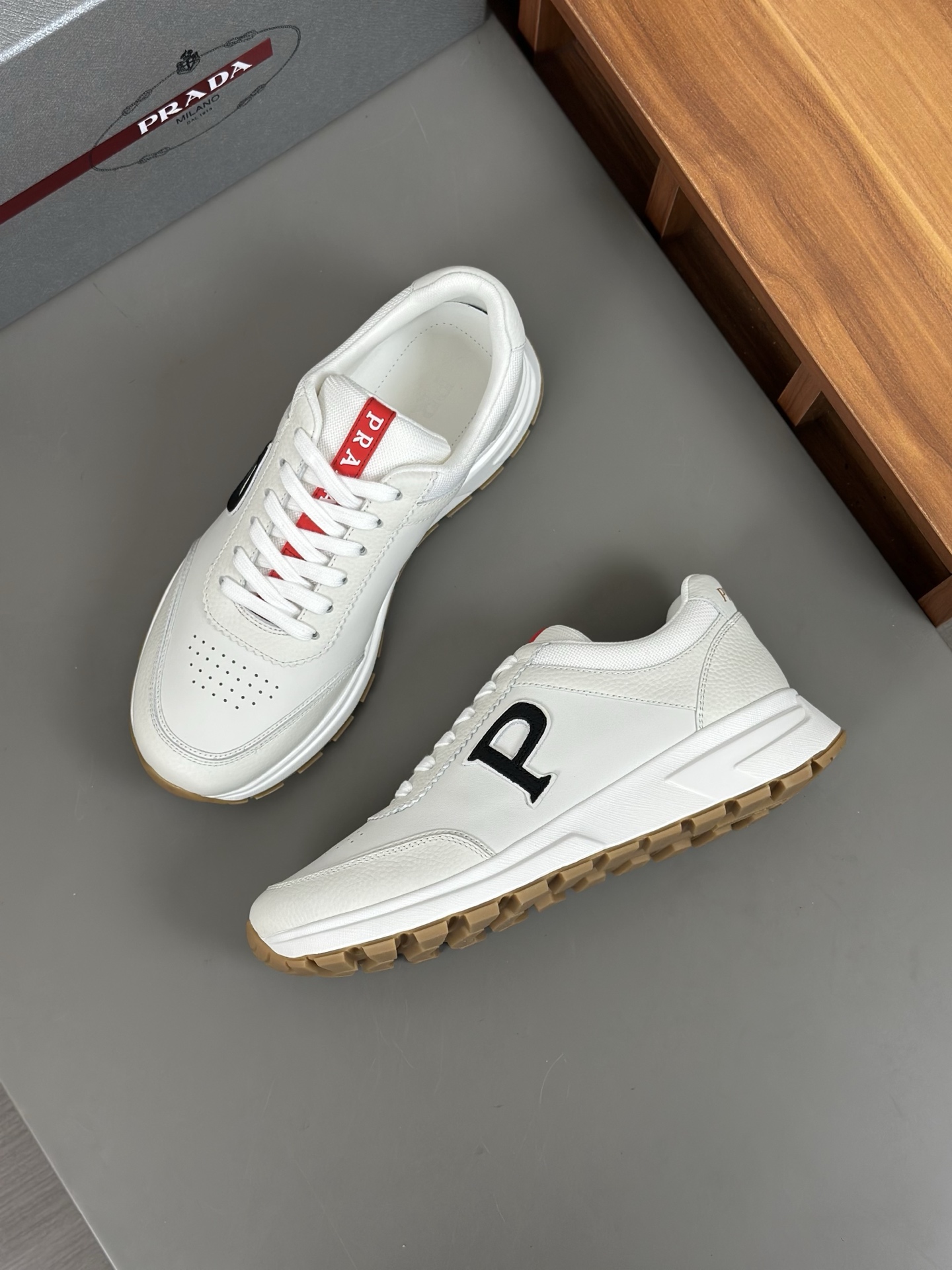 Prada Men's Leather Lace-Up Sneakers White, Ultra-Comfortable & Stylish 6 i1744054530640 8164 0 4