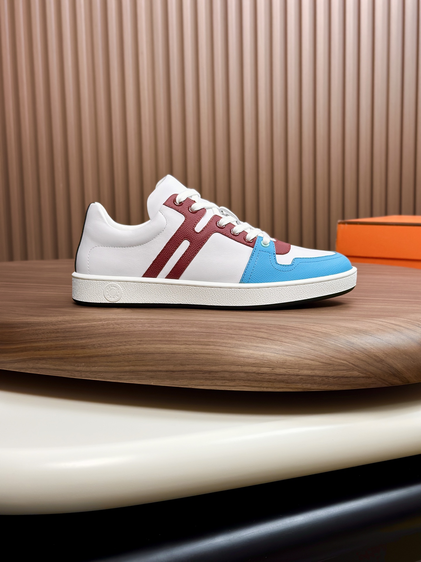 Hermès Men's White Leather Sneaker with Blue and Brown Trim, Sizes 39-44 4 i1749967588906 359 0 2