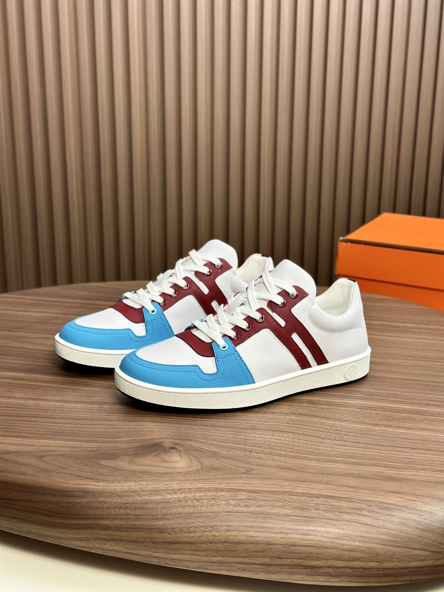Hermès Men's White Leather Sneaker with Blue and Brown Trim, Sizes 39-44 3 i1749967588950 8392 0 1