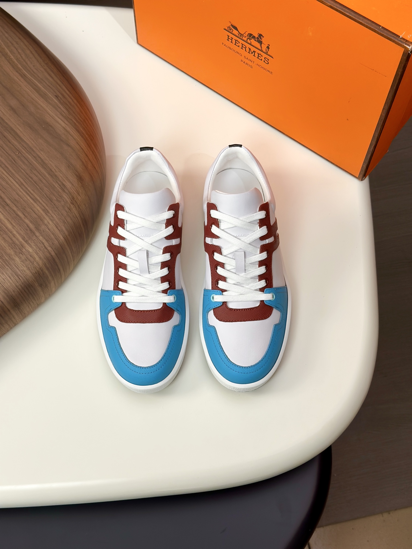 Hermès Men's White Leather Sneaker with Blue and Brown Trim, Sizes 39-44 2 i1749967588967 5221 0 0
