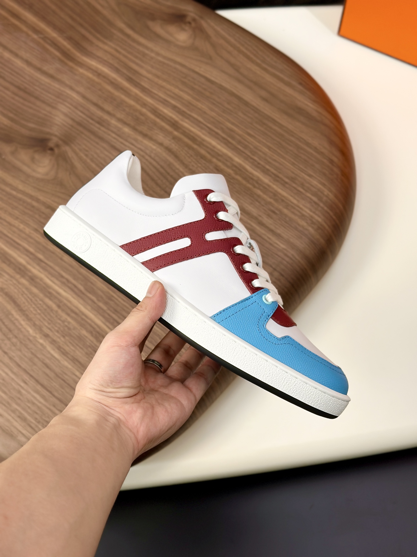 Hermès Men's White Leather Sneaker with Blue and Brown Trim, Sizes 39-44 5 i1749967590876 6870 0 3
