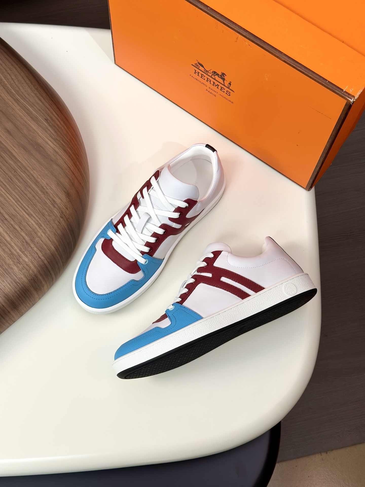 Hermès Men's White Leather Sneaker with Blue and Brown Trim, Sizes 39-44 6 i1749967591843 7449 0 4