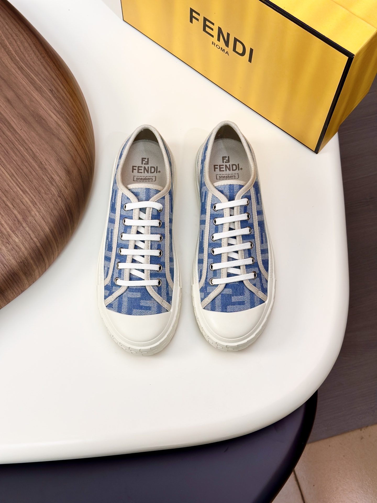 Fendi FendiMatch Sneakers Blue FF Motif Canvas Lace-Up, Couple Style Shoes