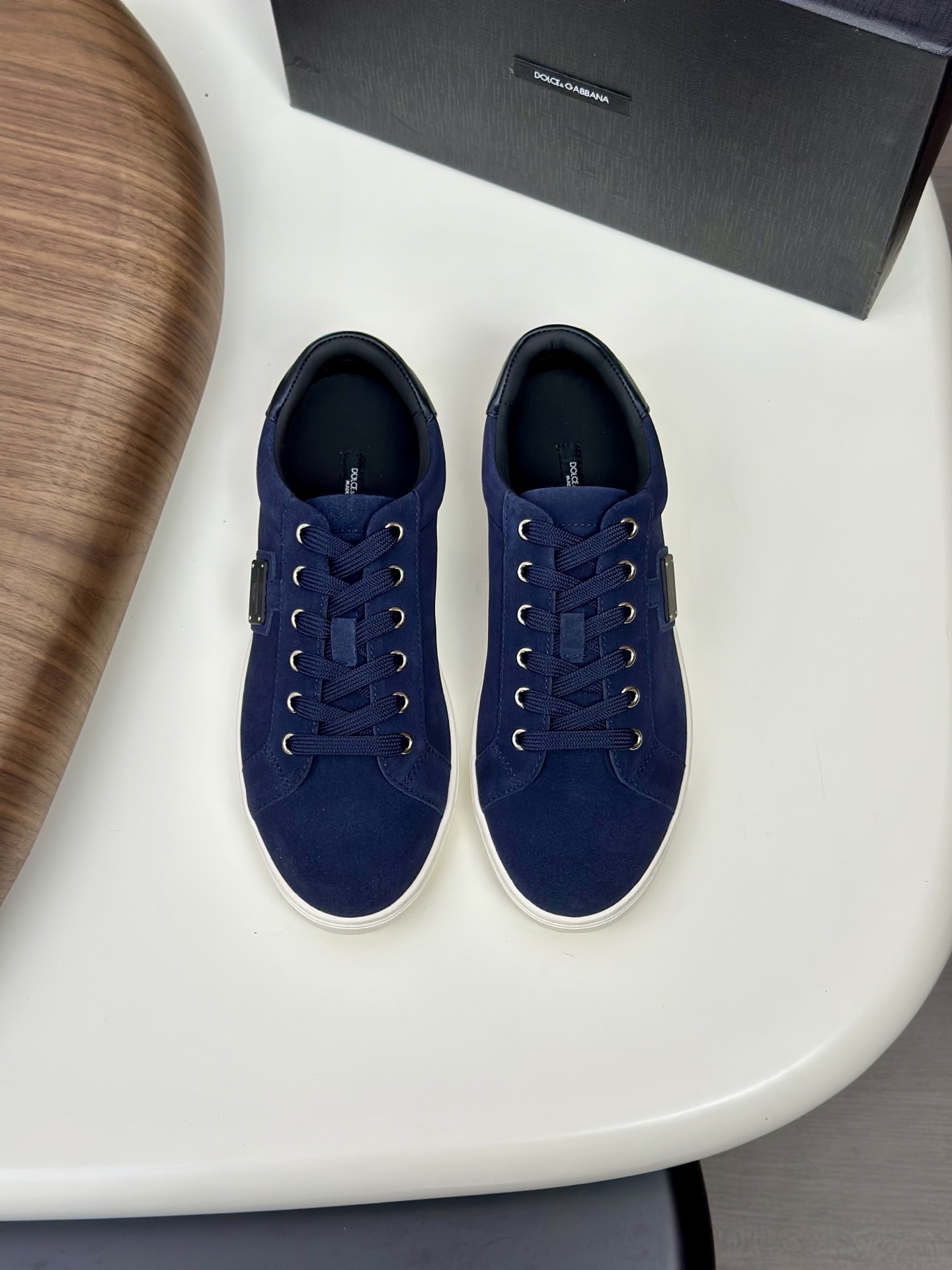 Dolce&Gabbana Men's Blue Suede Leather Casual Sneakers with Metal Logo Accent