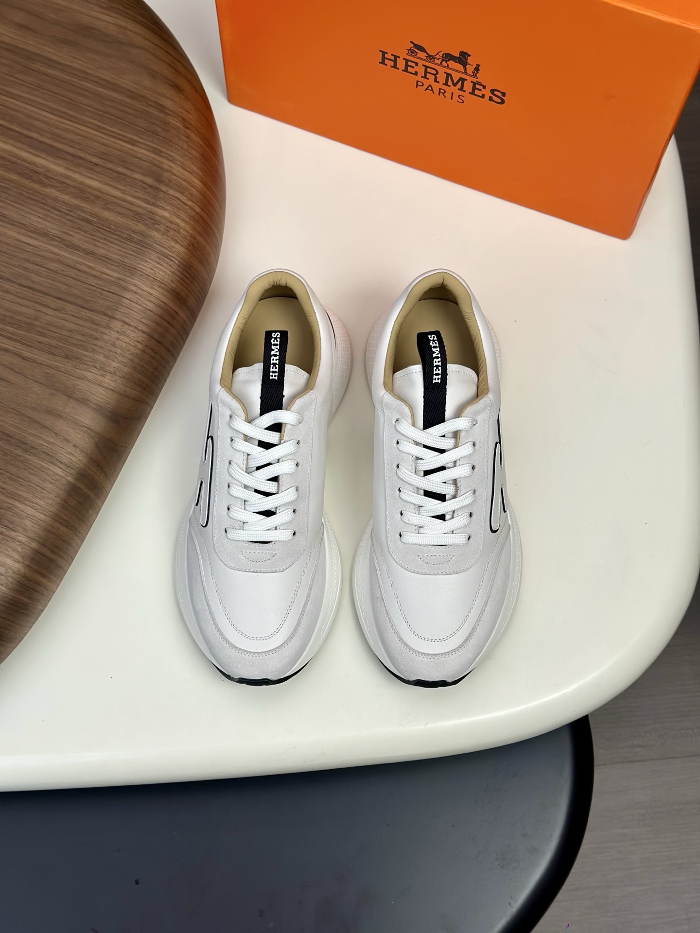 Hermes Men's White Leather & Canvas Sneakers with 'H' Stitching - Size 39-44