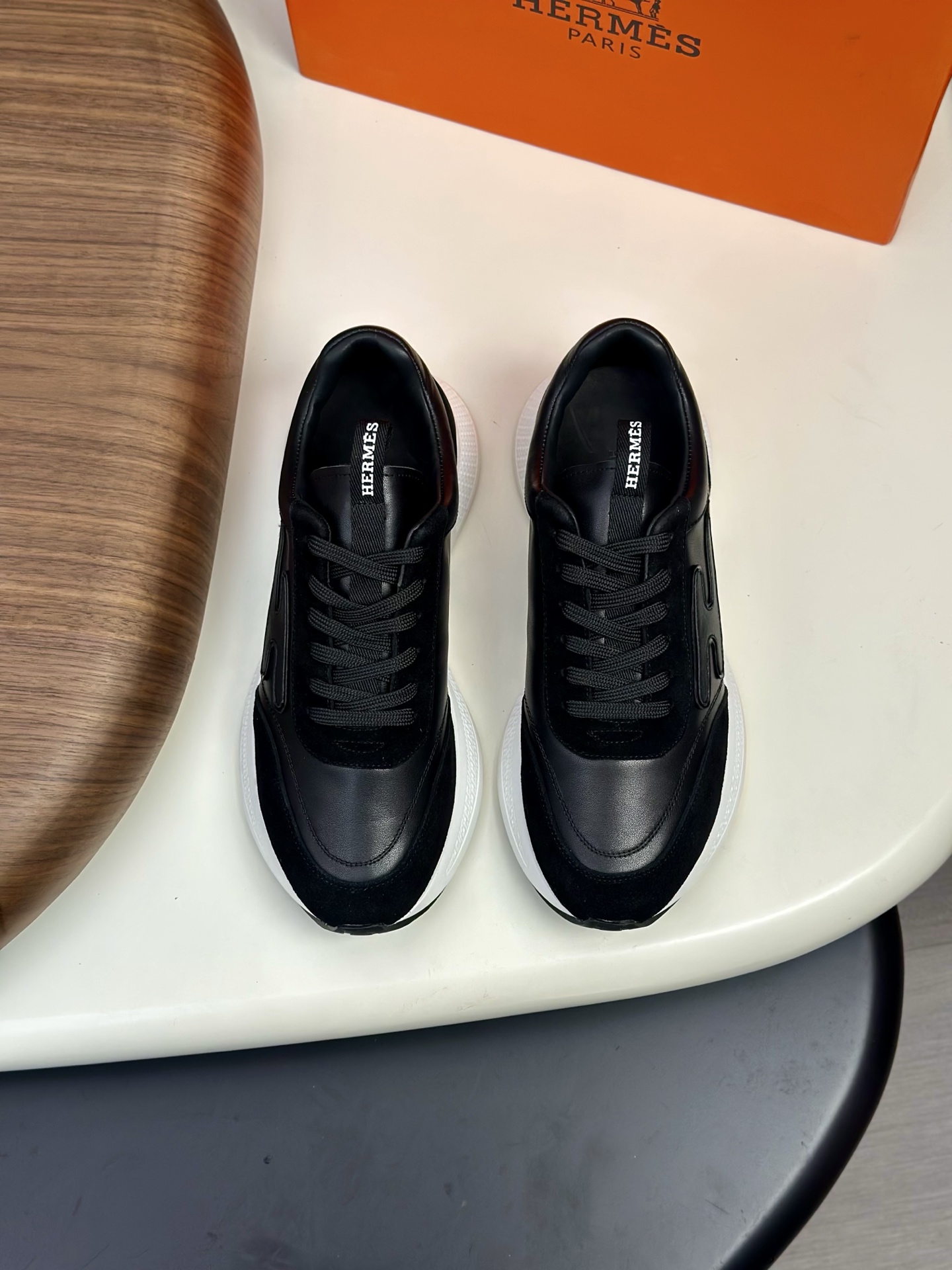 Hermes Men's Black Leather & Canvas Sneakers with 'H' Stitching - Size 39-44