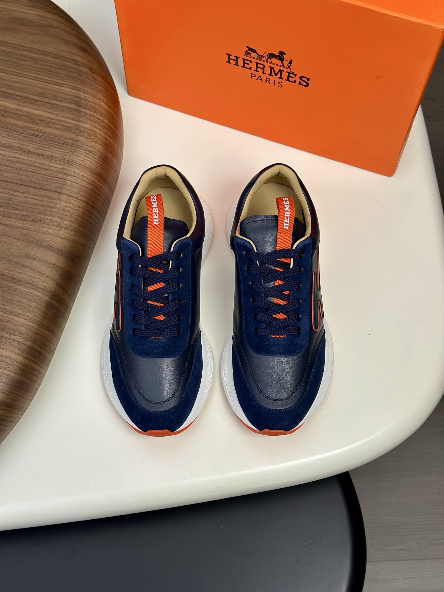 Hermes Men's Navy Leather & Canvas Sneakers with 'H' Motif - Size 39-44