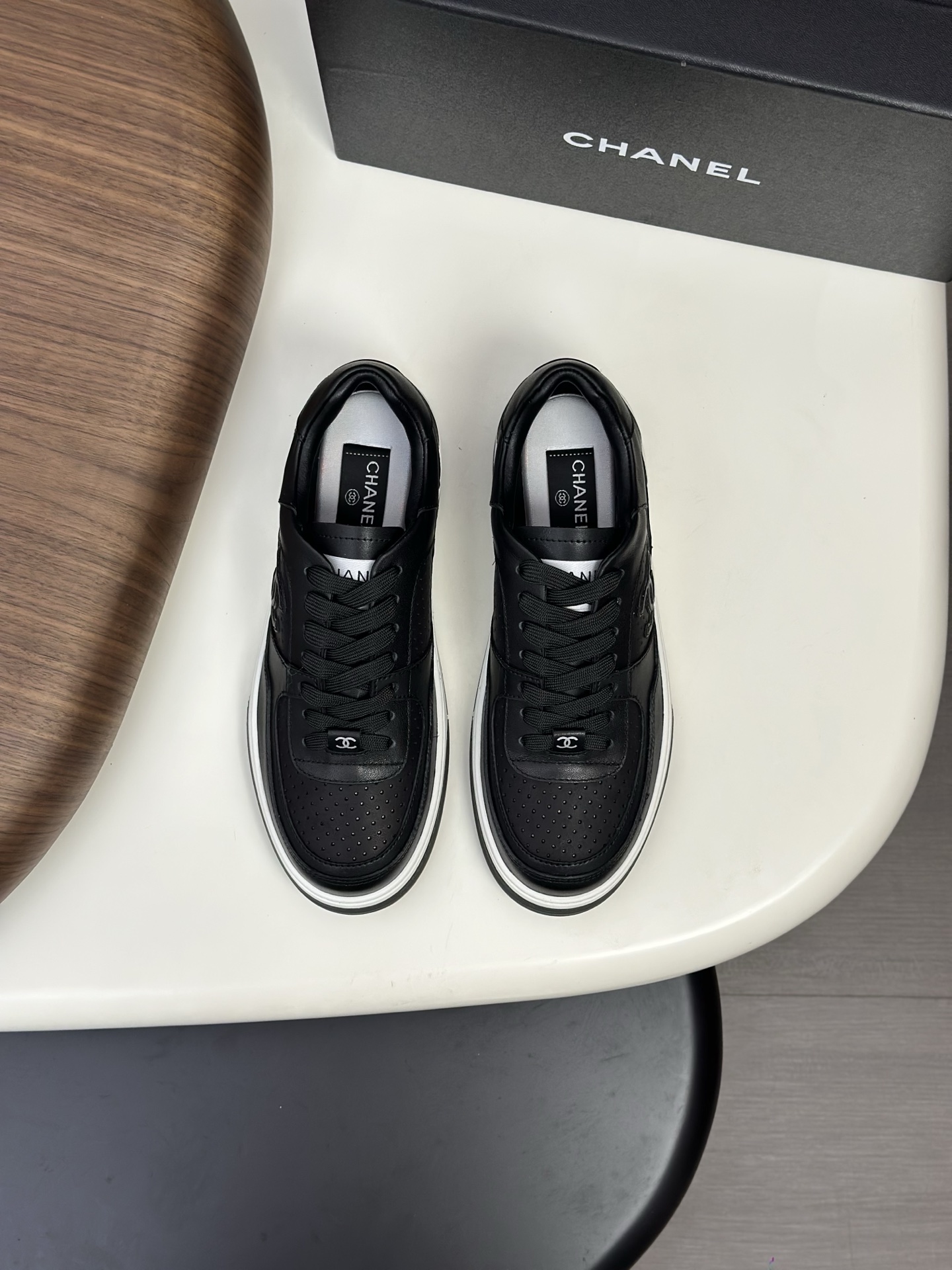 Chanel Women's Black Leather Low Top Sneakers, Lace-Up Style, Comfort Insole