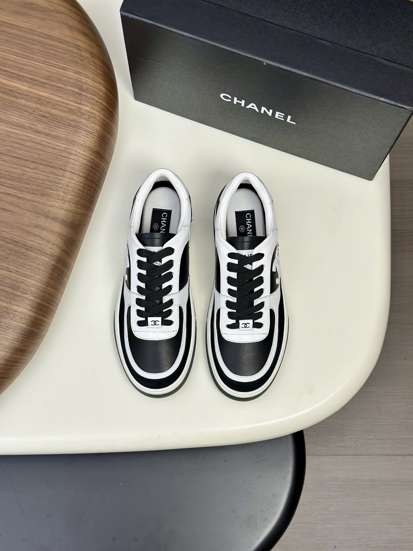 Chanel Women's Black & White Leather Suede CC Logo Lace-Up Sneakers Shoes