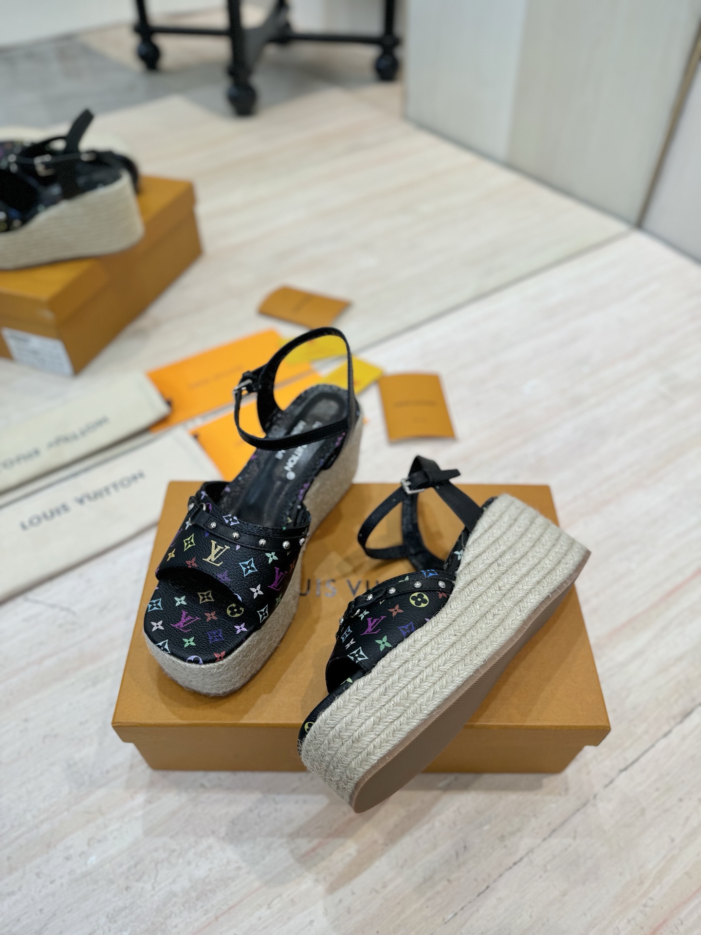 Louis Vuitton Women's Monogram Espadrille Wedge Sandals, Black Leather 5 i1742366796006 6932 0 3
