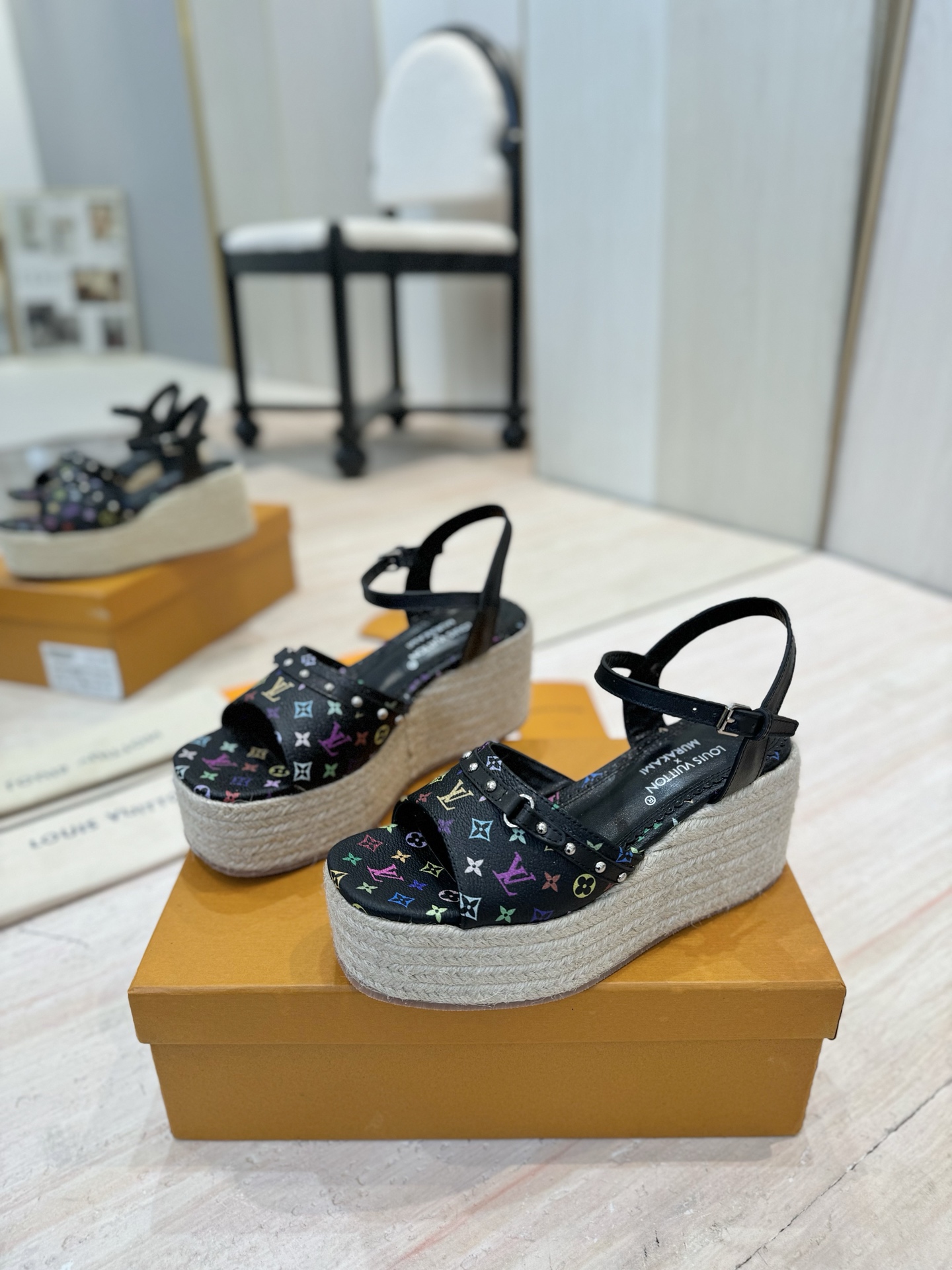 Louis Vuitton Women's Monogram Espadrille Wedge Sandals, Black Leather 3 i1742366798150 9699 0 1