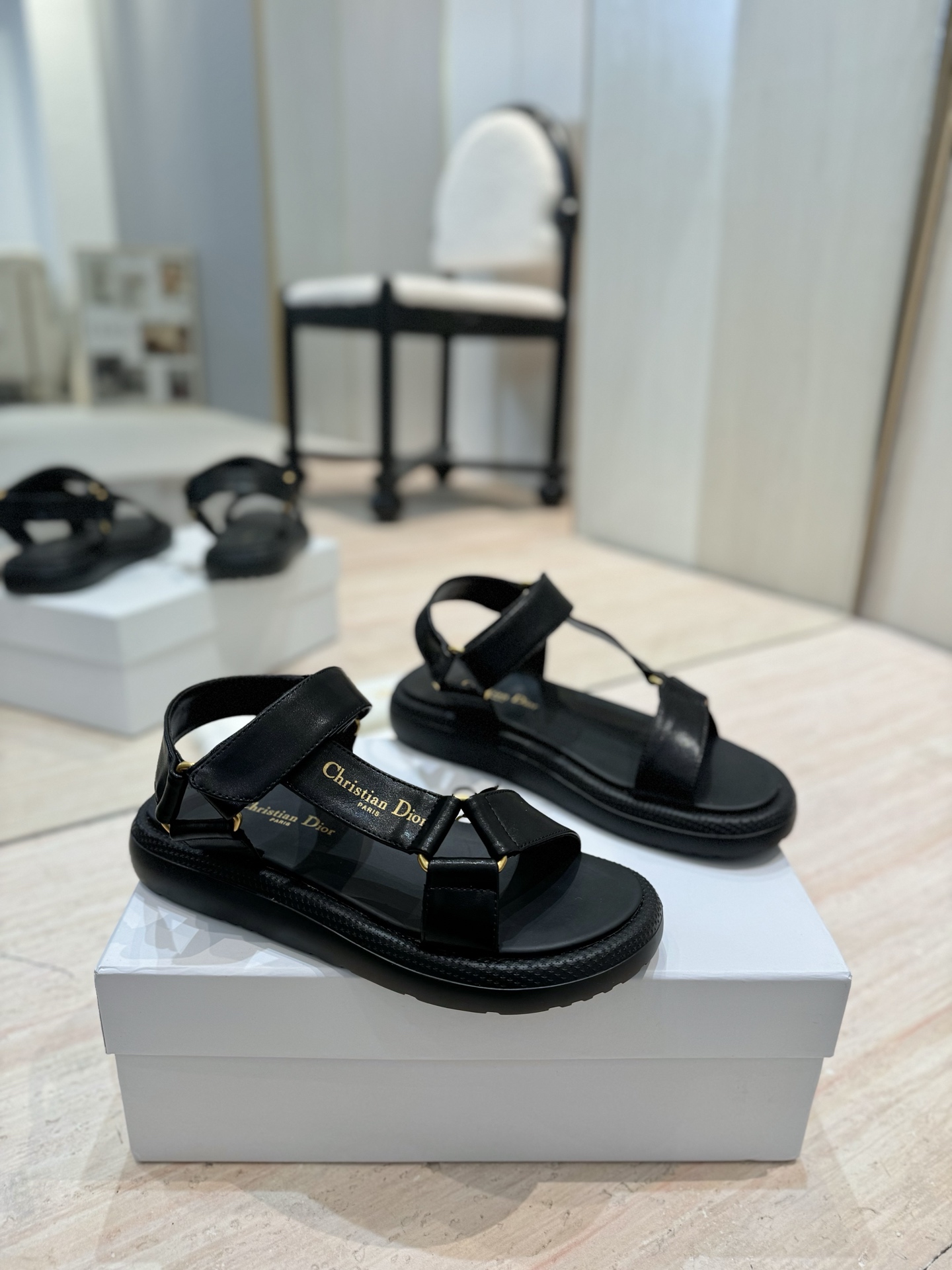 Dior Riviera D-Wave Black Leather Sandals CD Logo Flat Beach Shoes 2 i1742726656971 7243 0 0