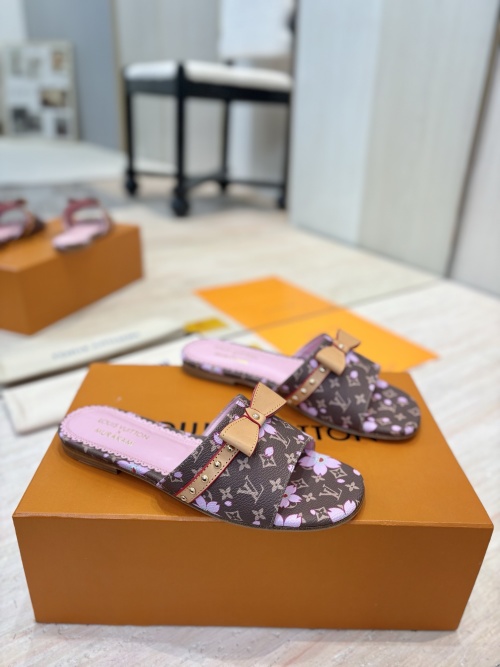 Louis Vuitton Monogram Flower Print Leather Slippers With Bow Accent 1 Louis Vuitton Monogram Flower Print Leather Slippers With Bow Accent
