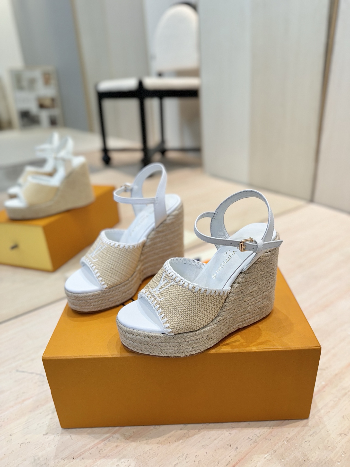 Louis Vuitton Women's Espadrille Wedge Sandals, White Leather Trim 3 i1745754330368 7956 0 1
