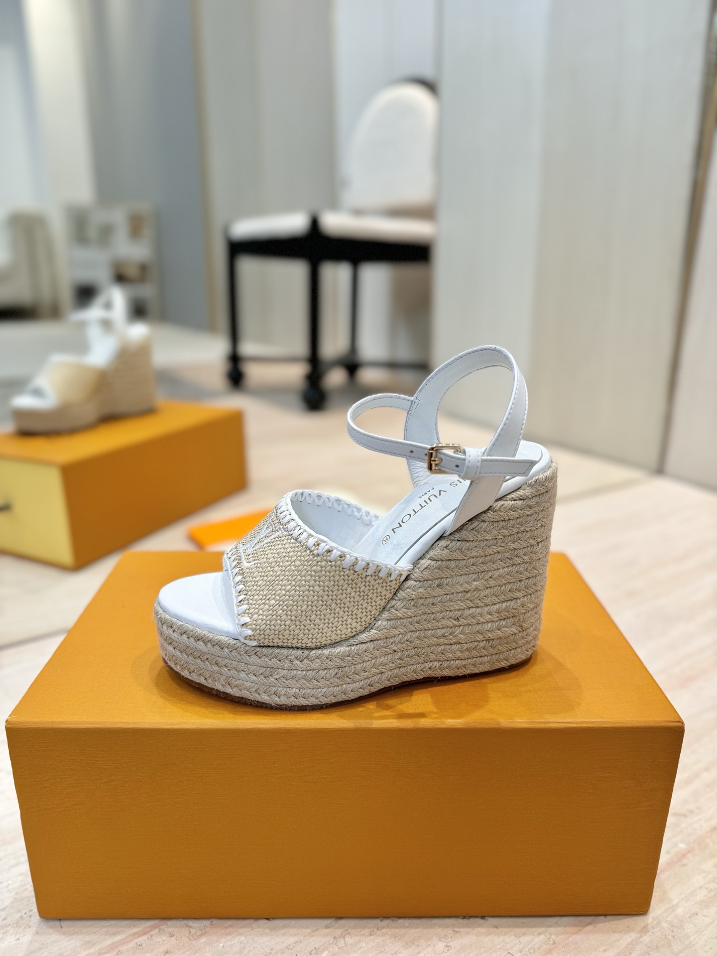 Louis Vuitton Women's Espadrille Wedge Sandals, White Leather Trim 6 i1745754330513 7439 0 4