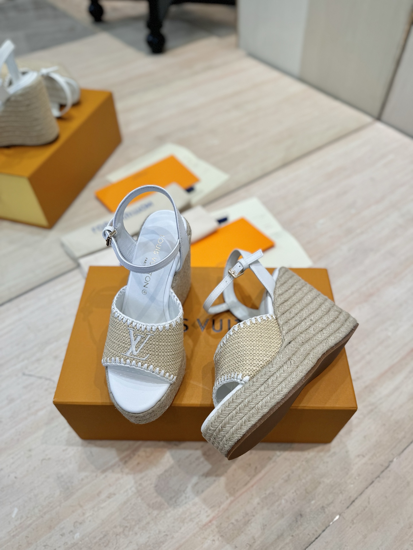 Louis Vuitton Women's Espadrille Wedge Sandals, White Leather Trim 5 i1745754331674 175 0 3