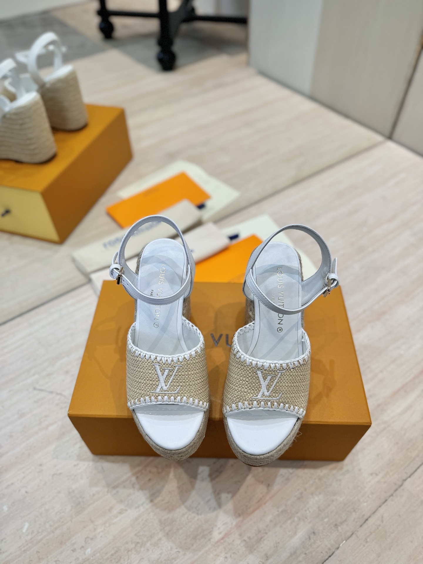 Louis Vuitton Women's Espadrille Wedge Sandals, White Leather Trim 4 i1745754331684 239 0 2