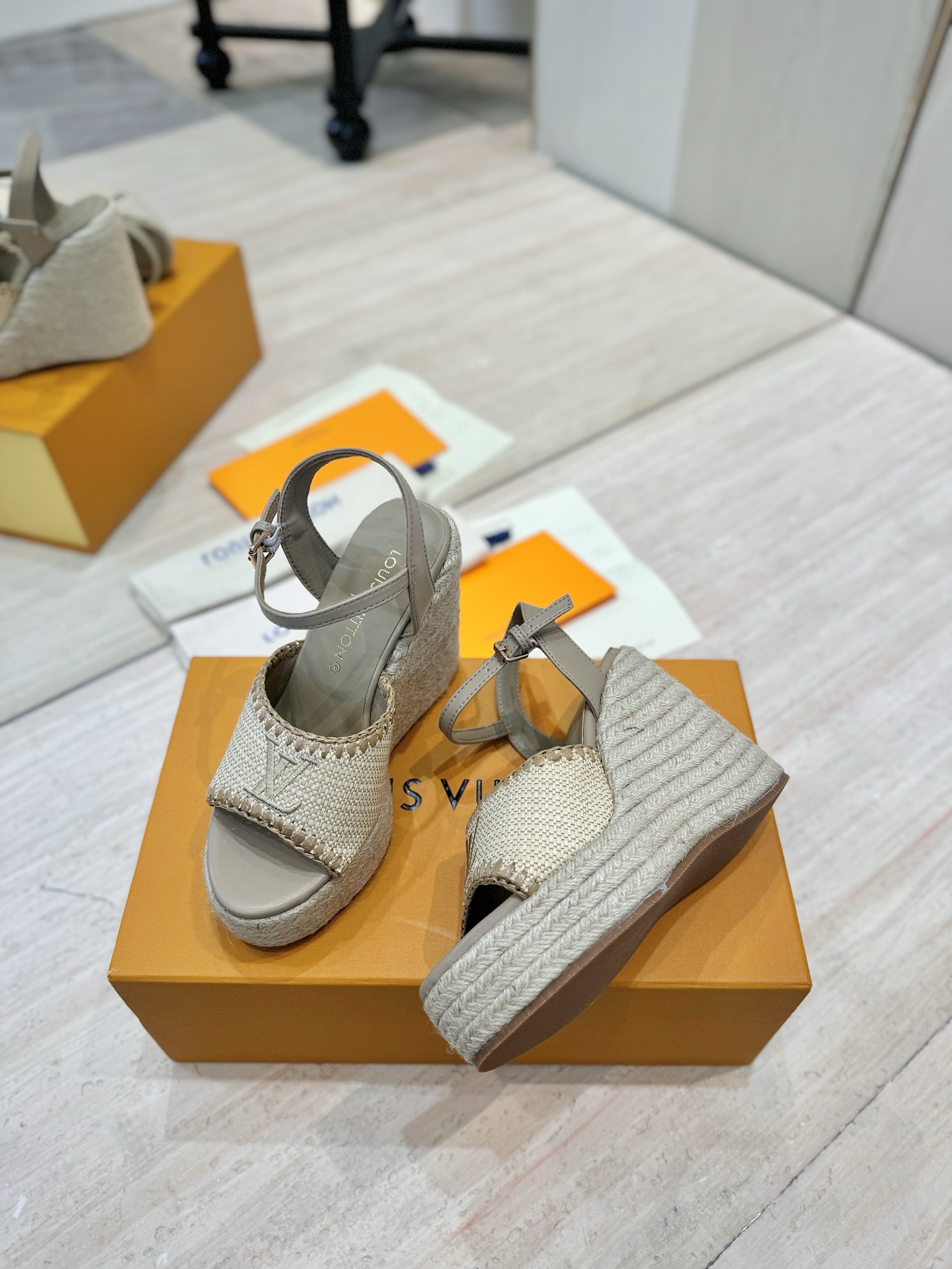 Louis Vuitton Women's Espadrille Wedge Sandals Beige Leather Platform Sandal 4 i1745754453824 3545 0 2