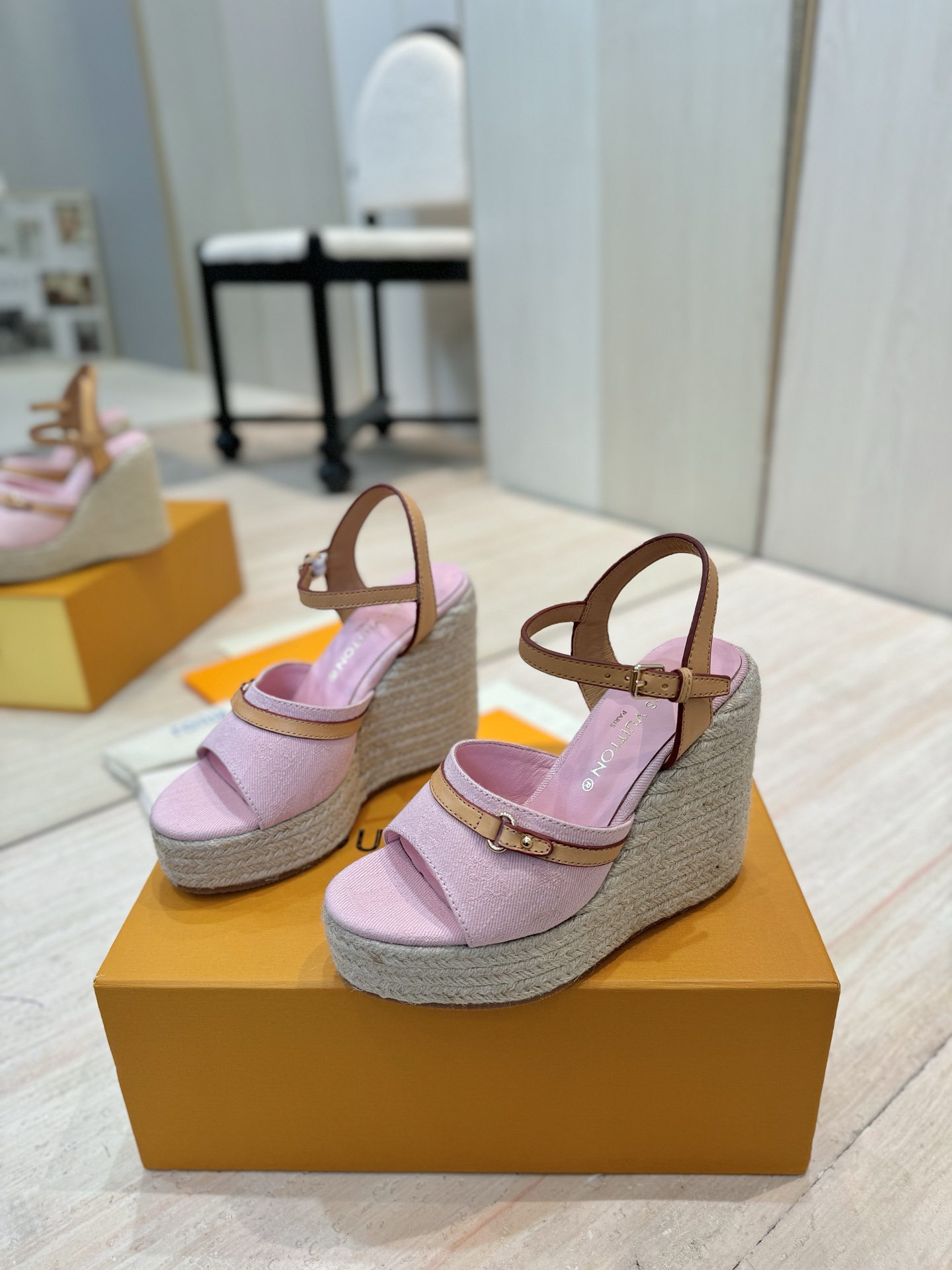 Louis Vuitton Women's 2025 Spring/Summer Pink Canvas Espadrille Wedge Sandals 1 Louis Vuitton Women's 2025 Spring/Summer Pink Canvas Espadrille Wedge Sandals