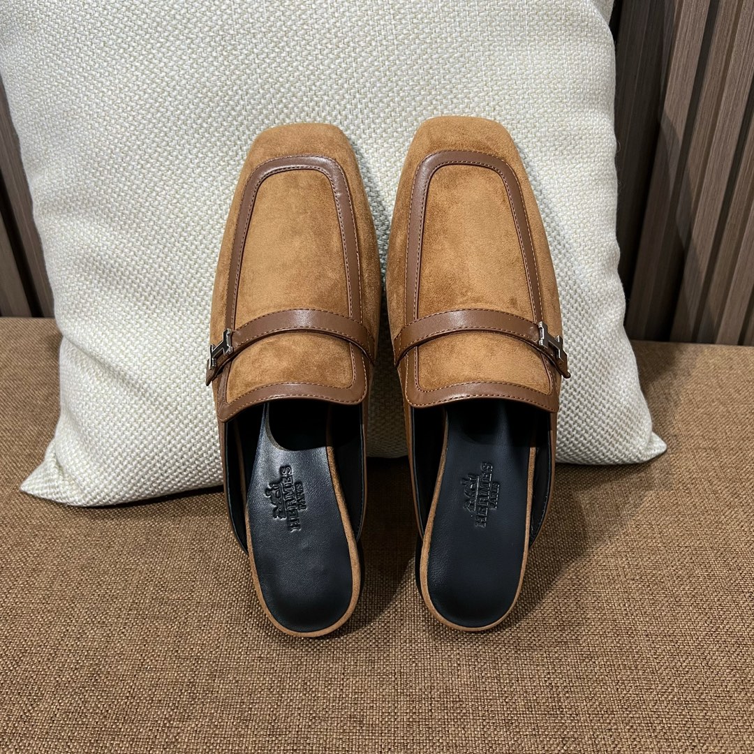 Hermes Mules Schuhe Khaki Gämse Echtleder Lammfell Schaffell Fashion